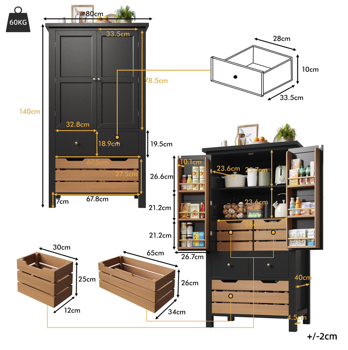 KÜCHENSCHRANK mit 5 Schubladen 80x40x140 cm Schwarz - Schwarz, Metall (40/140/80cm) - Meubliv