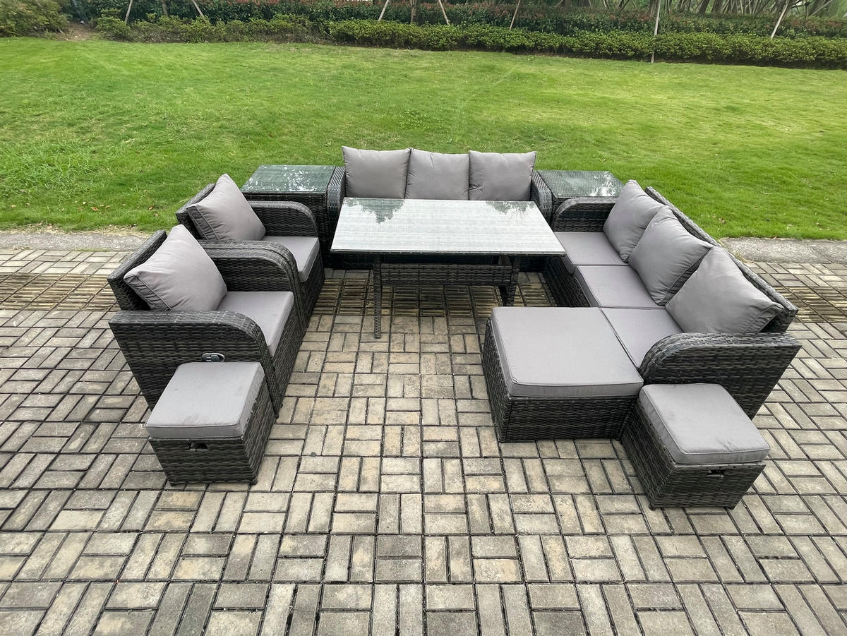 GARTENTISCHGRUPPE mit 2 Beistelltischen,3 Hockern Polyrattan Dunkelgrau 10-Sitzer - Dunkelgrau/Grau, Glas/Kunststoff - Fimous