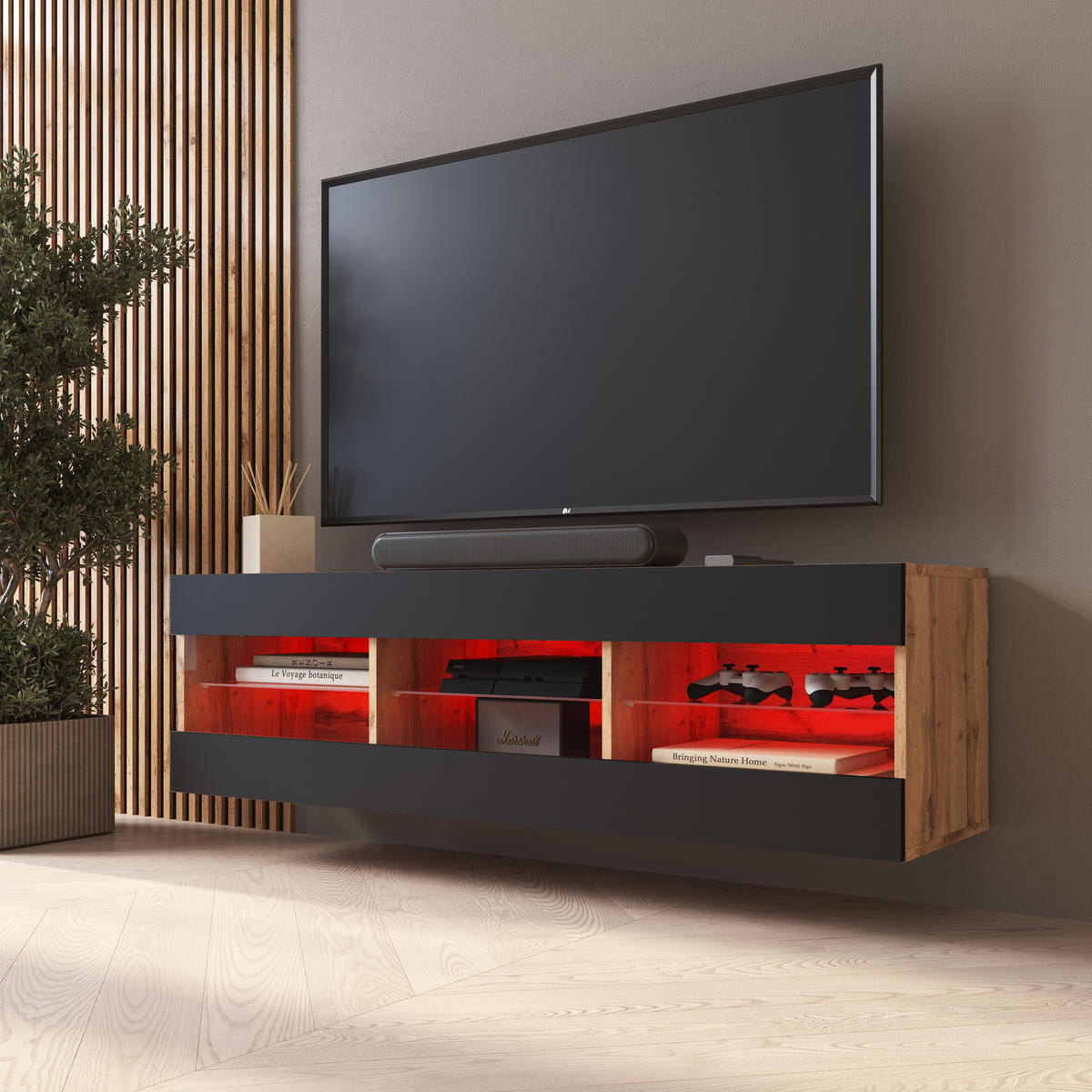 LOWBOARD TIVOLI RTV 140, Schwarz, LED Mehrfarbige - Eiche Wotan/Schwarz, Glas/Holzwerkstoff (140/40.5/35.5cm) - Komodee
