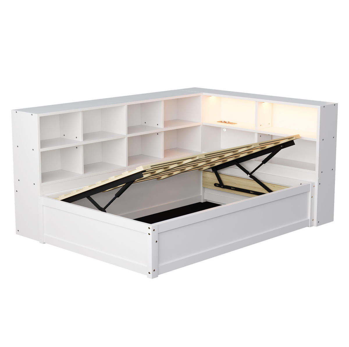 BETT aus Kiefernholz 90x200 cm Weiß mit LED-Beleuchtung, Steckdose, Stauraum und hydraulischer Funktion - Weiß, Holzwerkstoff (90/200cm) - Modfu