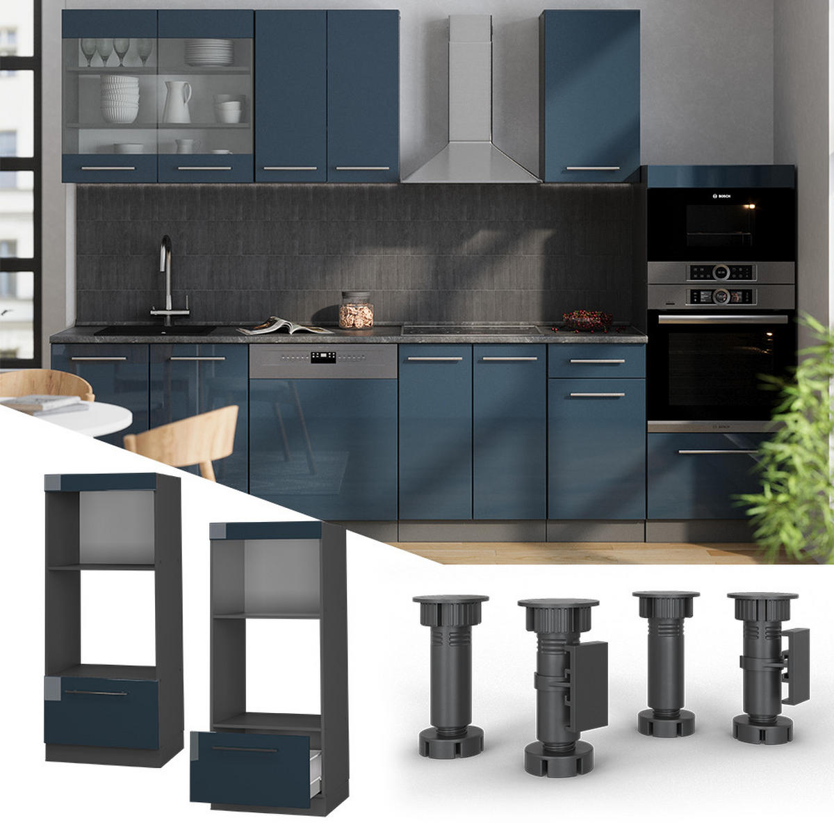 MIKROWELLENSCHRANK Fame-Line Dunkelblau Hochglanz 60 cm offen - Anthrazit/Dunkelblau, Holzwerkstoff (60/153.6/58.1cm) - Vicco