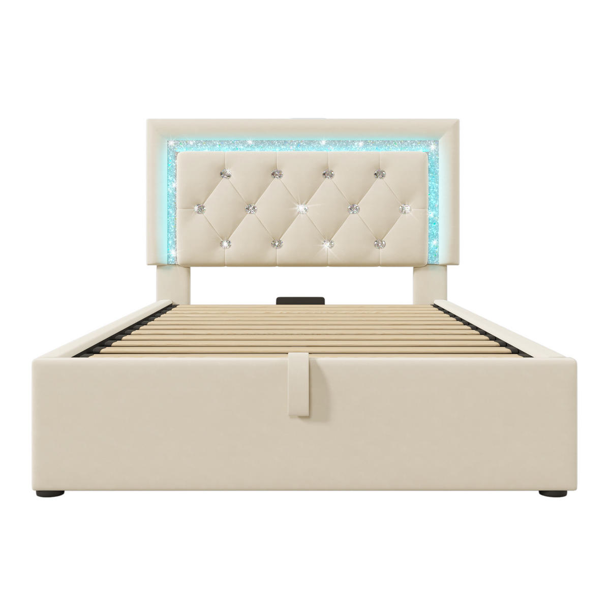 POLSTERBETT 90/200 cm Beige aus Samt mit Bettkasten, LED und USB- und Type-C-Anschlüssen - Beige, Textil (90/200cm) - Flora Grace