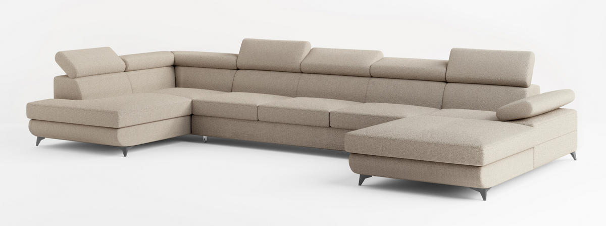 WOHNLANDSCHAFT MONTIVA Beige Boucle-Stoff mit Schlaffunktion - Beige, Holz (410/89/190cm) - MASSENO