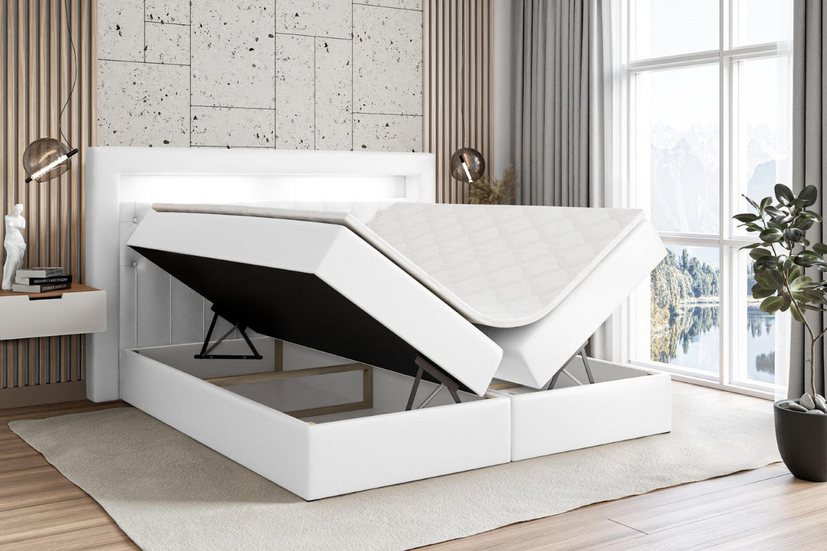 BOXBETT LED mit H3-Matratze und Lattenrost - NOEL GOLD - 180x200 Weiß Hochglanz - Weiß Hochglanz, Holzwerkstoff (180/200cm) - ALTDECOR