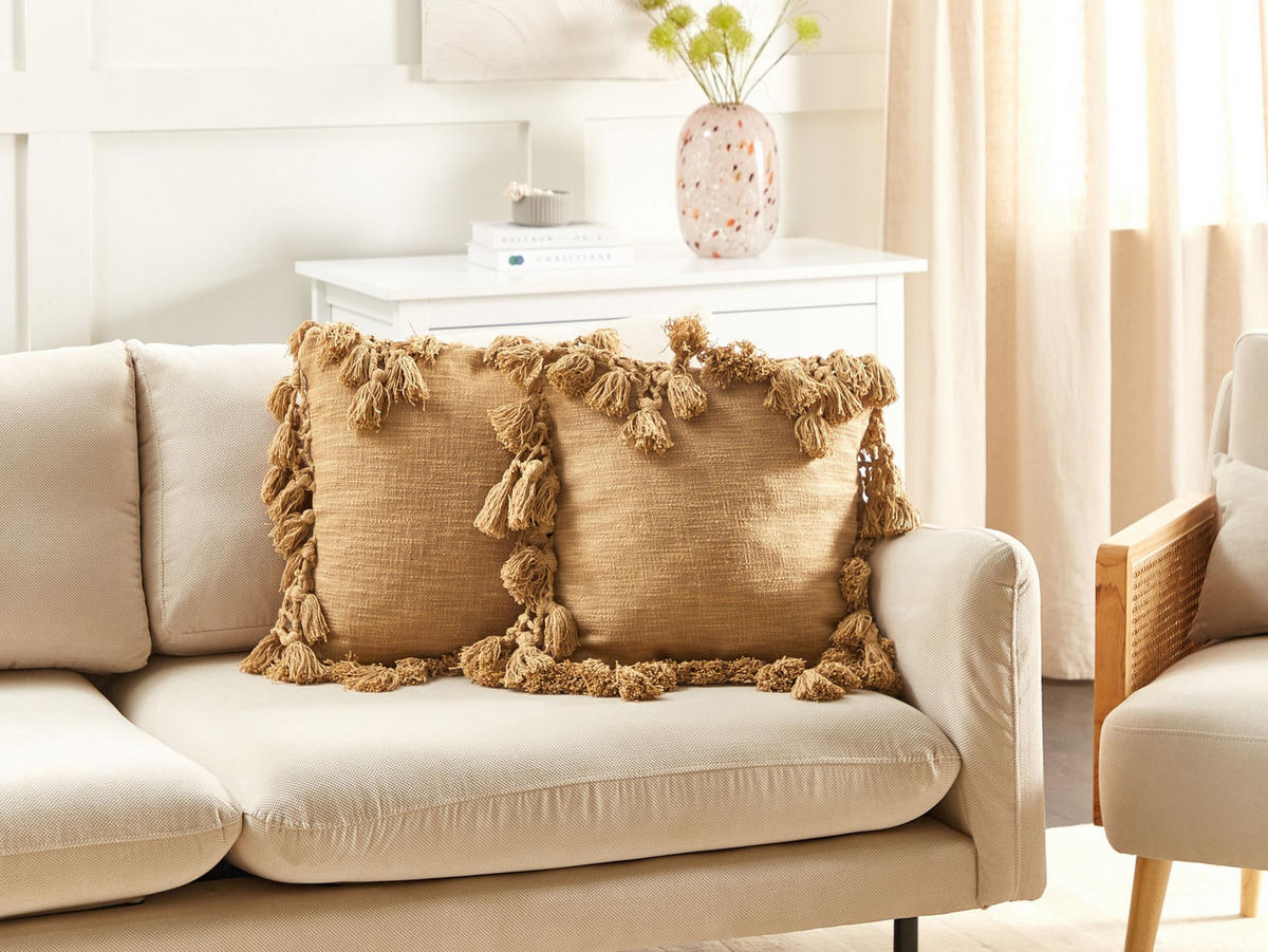 Dekokissen 2er-Set Sandbeige 45/45 cm Olearia - Sandfarben, Naturmaterialen (45/45cm) - Beliani