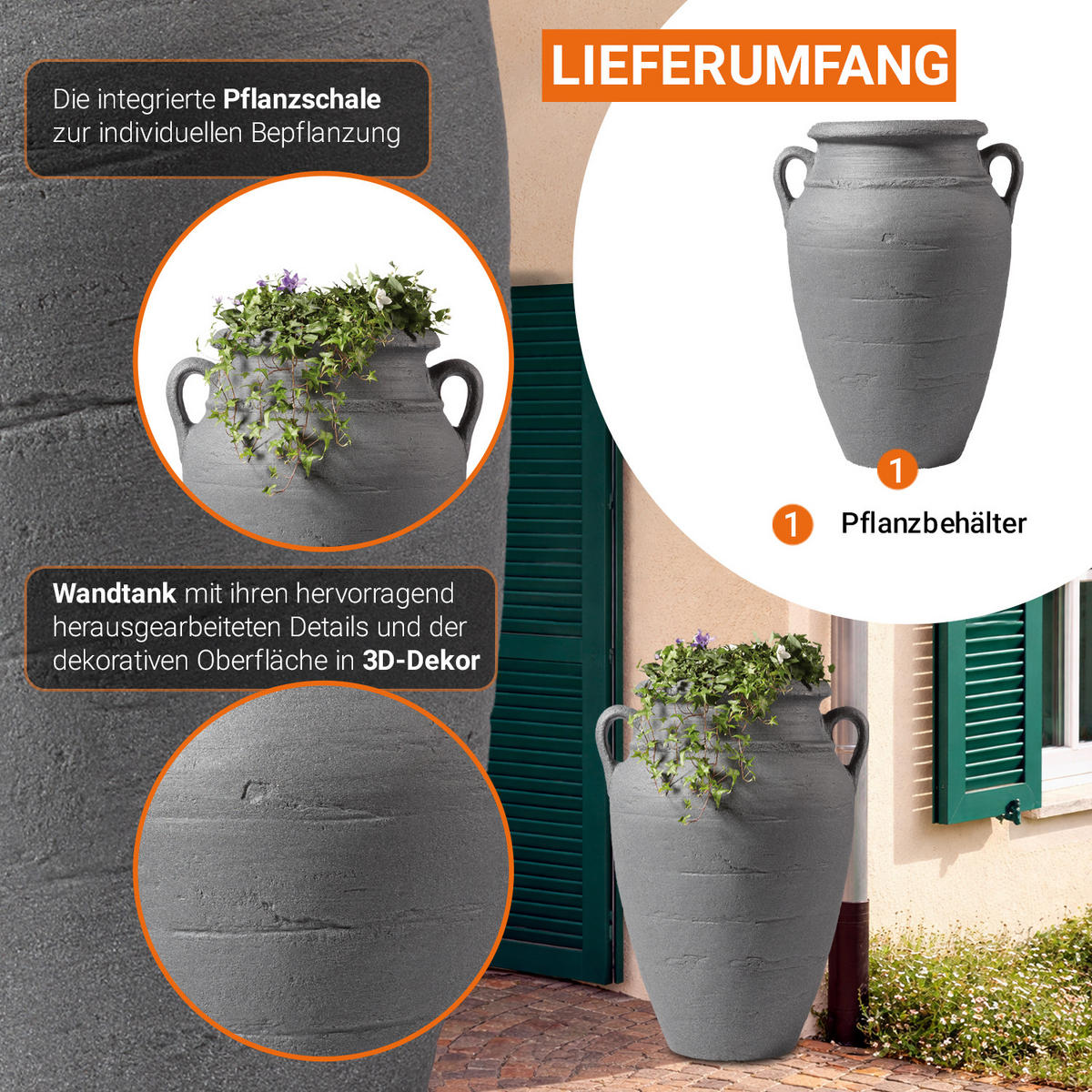 PFLANZ-AMPHORE, dunkelgrau, Höhe: 80 cm - Grau, Kunststoff (80cm) - GARANTIA