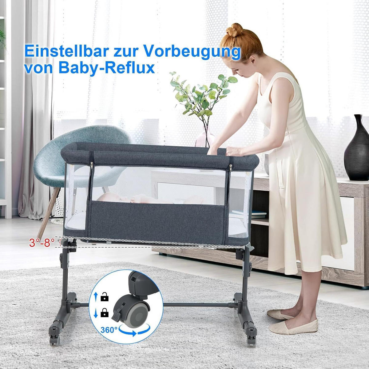 BABYWIEGE mit Matratze dunkelgrau - Dunkelgrau, Textil - COSTWAY