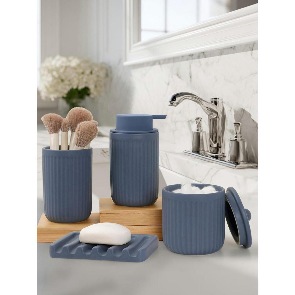 BADEZIMMER Set 4-teilig Keramik Blau - Blau, Keramik (9/14.5/14.5cm)