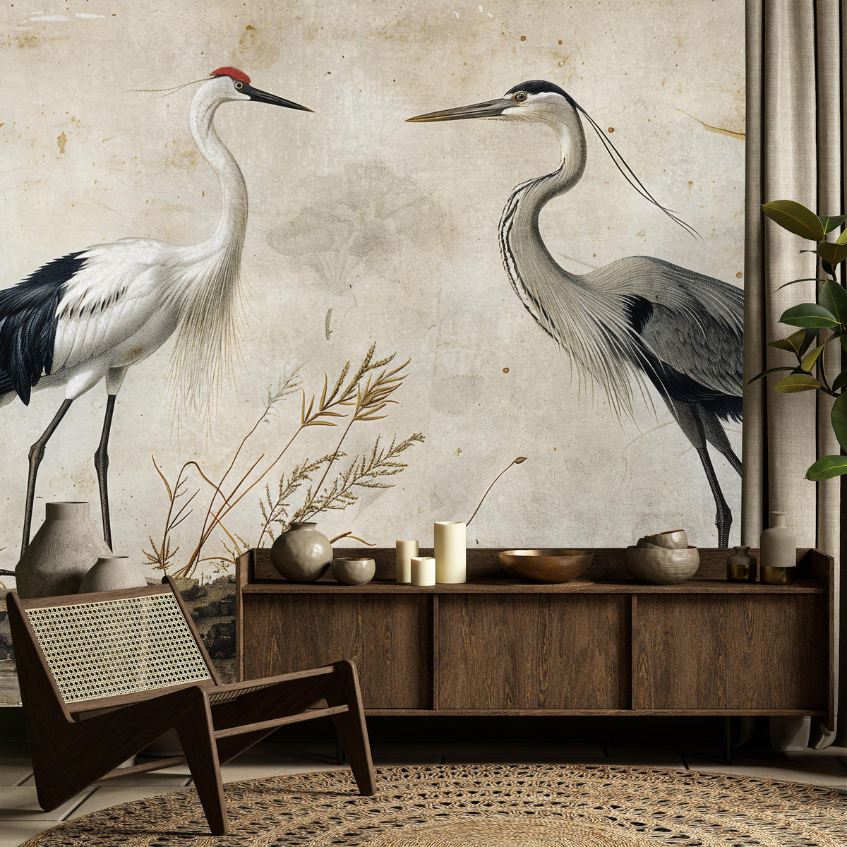 FOTOTAPETE Vögel Vögel Kranich Reiher Retro Stil 200x140 - Beige/Rot, Papier (200/140cm) - Muralo