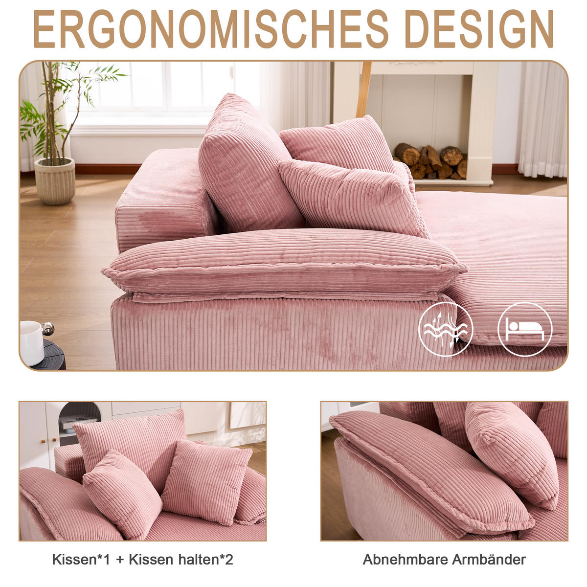 LIEGESOFA Cord ergonomisch mit breiten Armlehnen 177/122/92 cm Rosa - Rosa, Textil (122/92/177cm) - Redom