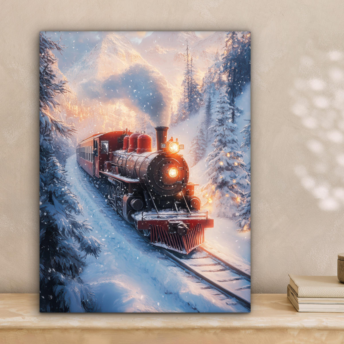 LEINWANDBILD Weihnachtszug - Schnee - Winter - Weihnachten Room Decor 30x40 cm - Dunkelrot, Textil (30/40cm) - MuchoWow