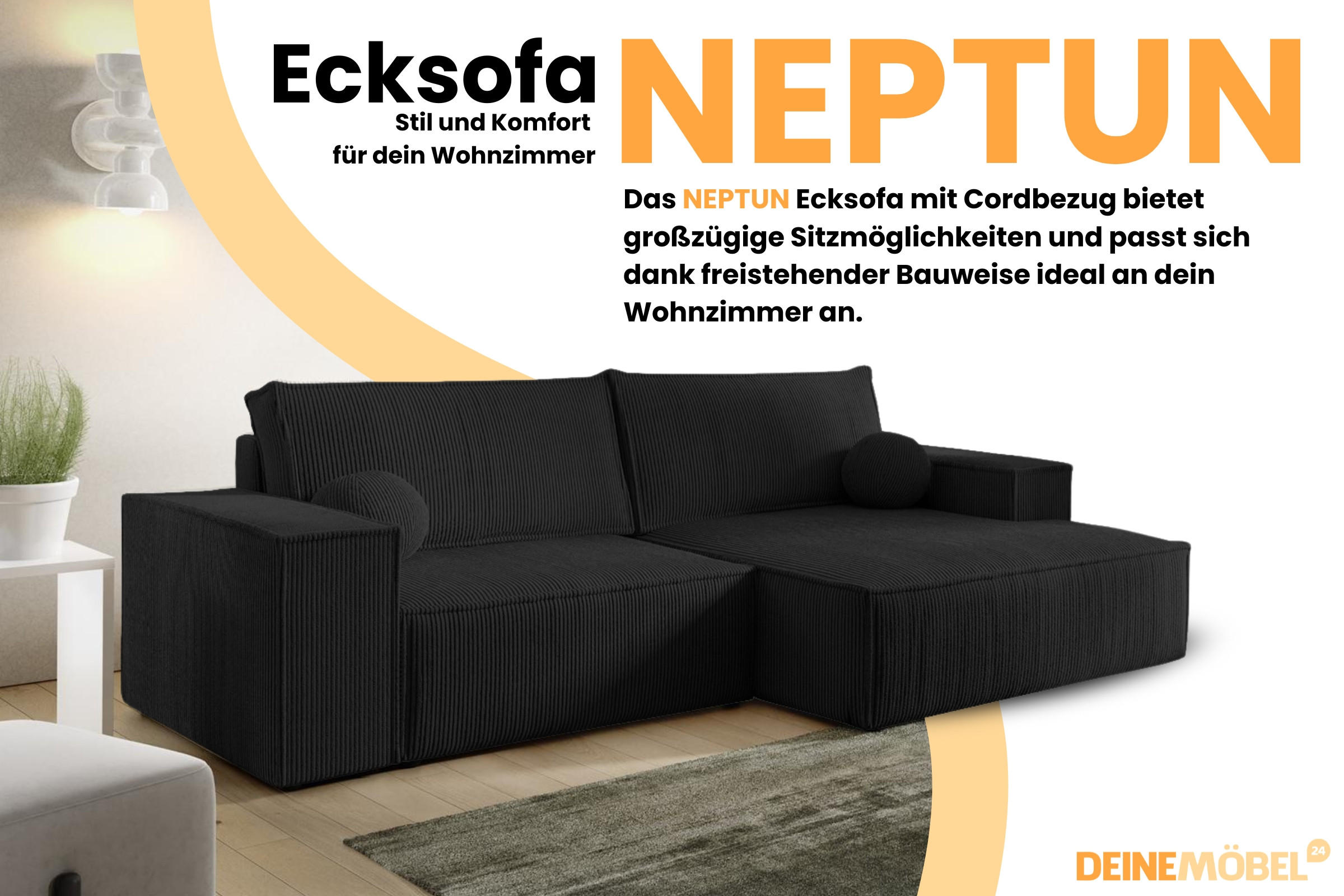 ECKSOFA NEPTUN 255/148 in Cord Schwarz links - Schwarz, Holz/Holzwerkstoff (255/148cm) - Deine Möbel 24