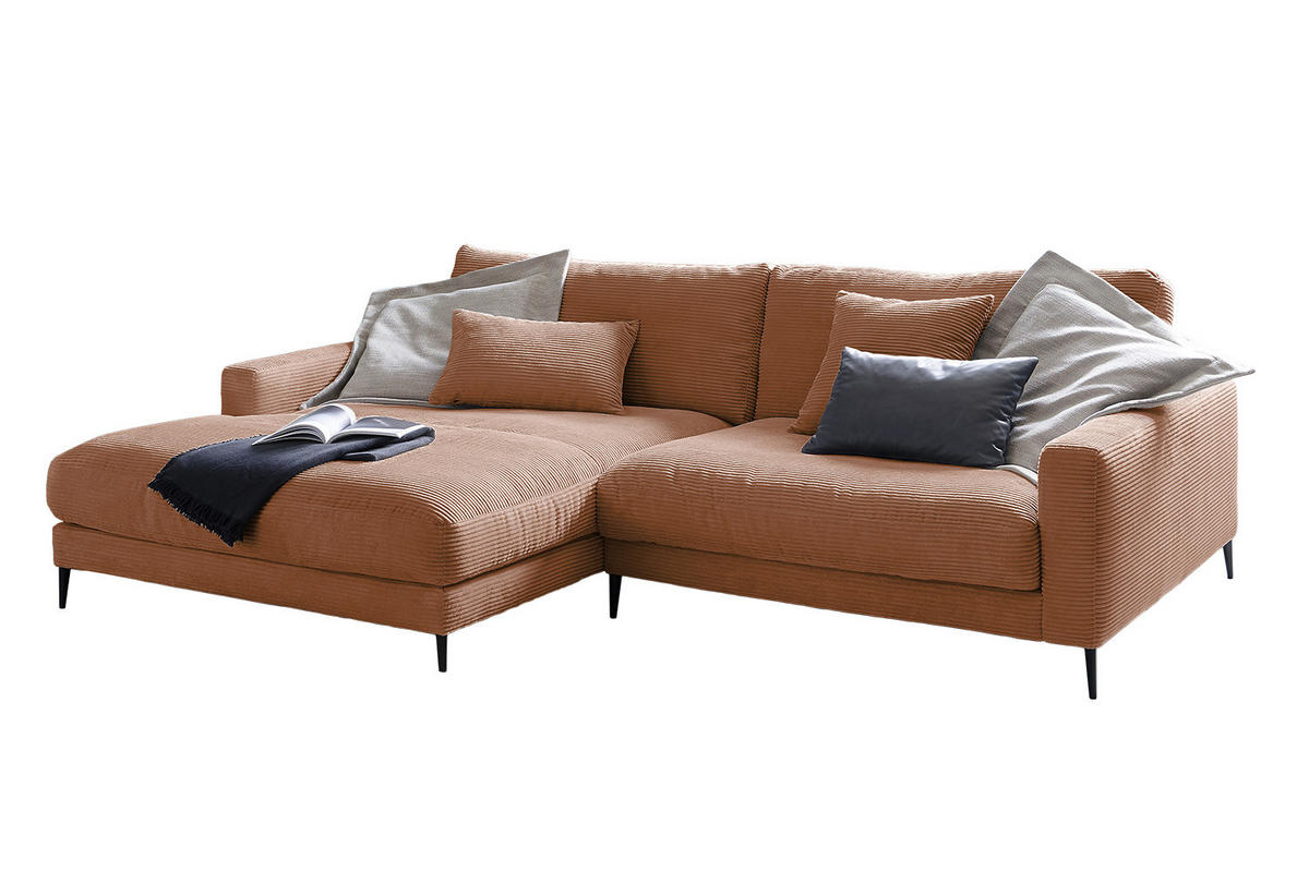 ECKSOFA CARA Braun Cord - Dunkelbraun/Schwarz, Textil/Metall (272/190cm) - KAWOLA