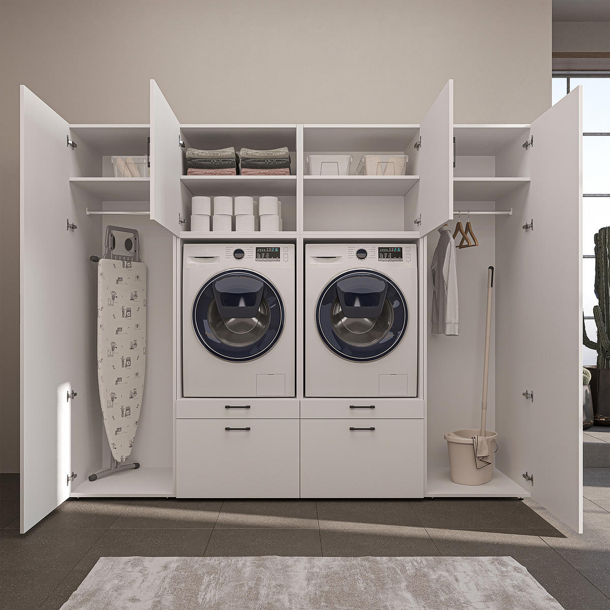 WASCHMASCHINENSCHRANK Serie 2 254cm Breit, 205cm Hoch - Weiß, Holzwerkstoff (254/205/67cm)