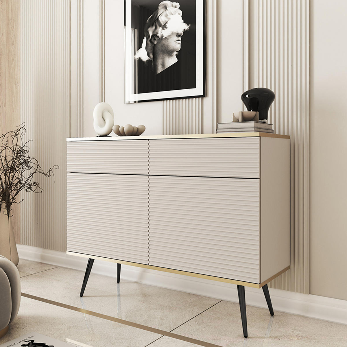 KOMMODE FORNO (Beige, Rillenfront, Goldene Details, 2 Türen, 2 Schubladen, schwarze Metallfüße, 107 cm) - Beige/Schwarz, Holz/Holzwerkstoff (107/85/39cm) - Ravio