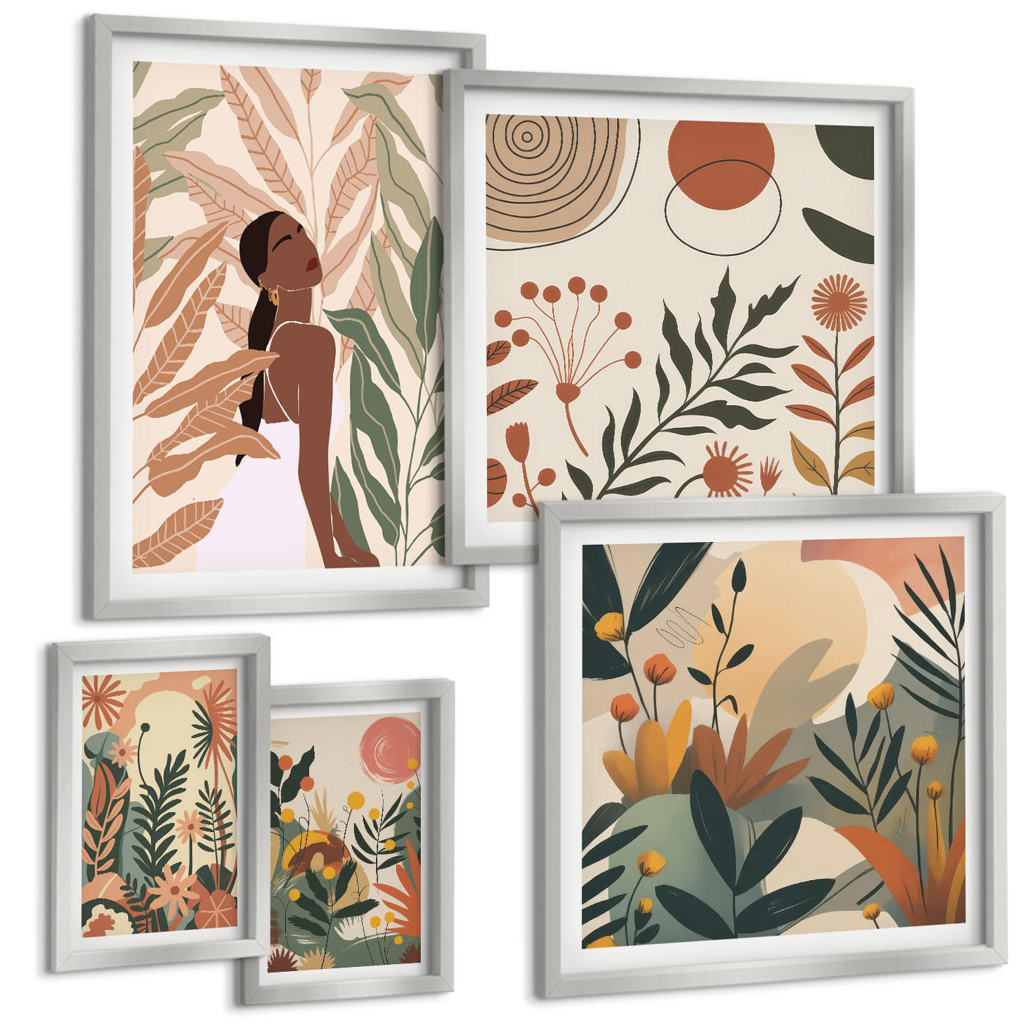 BILDER SET 5er Set - 50x50 cm & 20x30 cm & 40x60 cm Silberner Rahmen - Pflanzenmotive in Farben - Silberfarben, Kunststoff (40/60cm) - TULUP