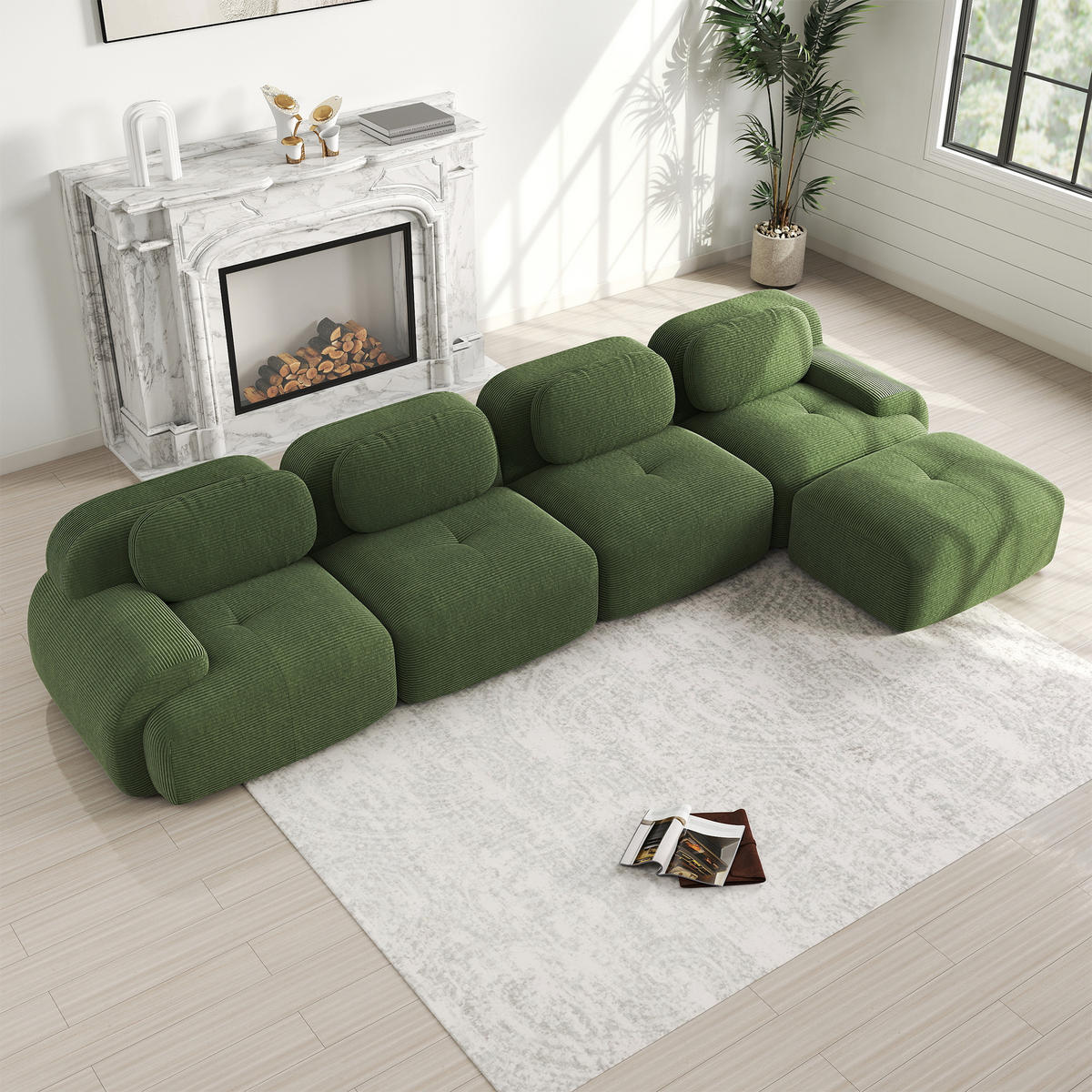 4-SITZER ECKSOFA Cord Grün modular, rutschfest und montagefrei - Grün, Textil (388/103cm) - WISHDOR