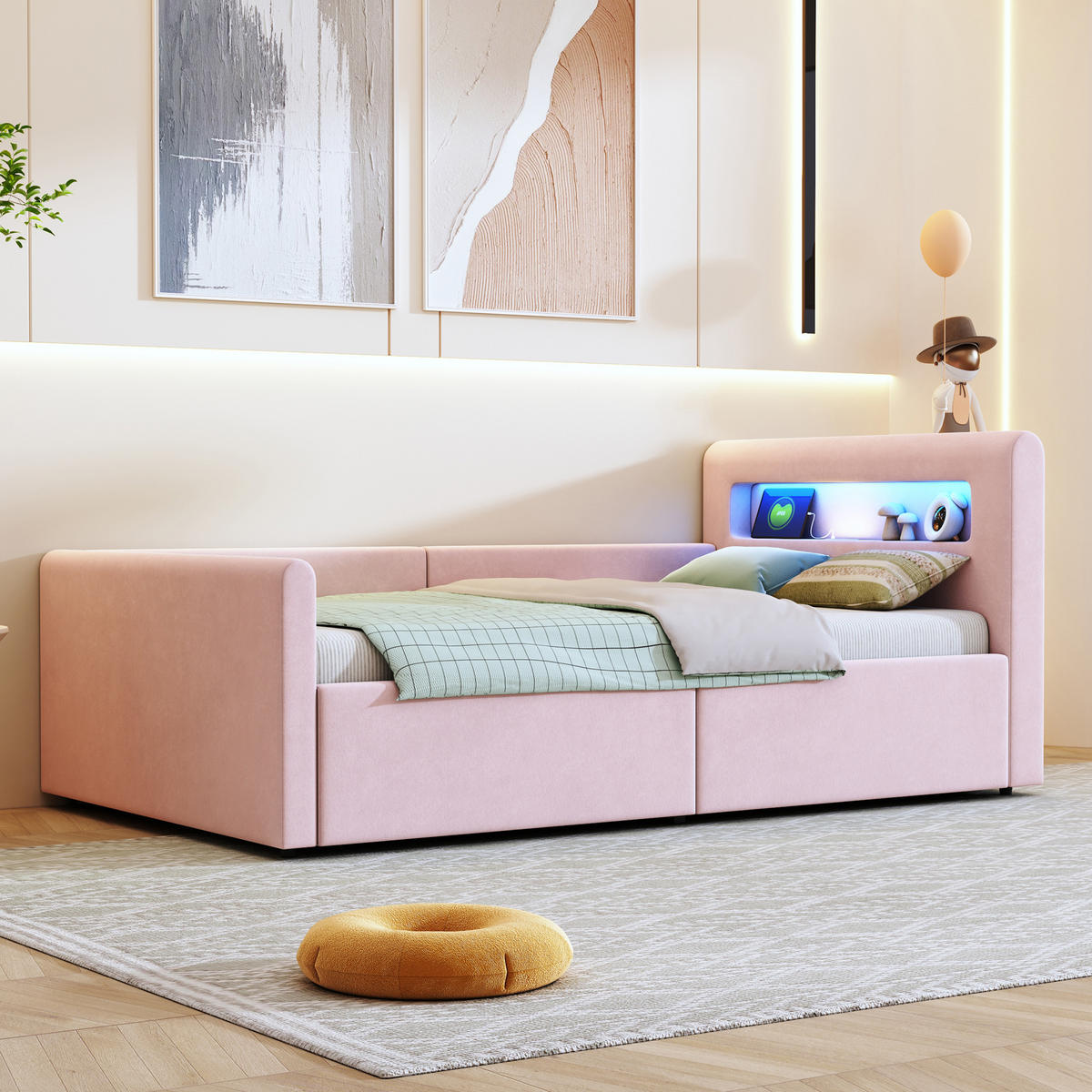 POLSTERBETT Kinderbett 90/200 cm Rosa mit LED-Beleuchtung und USB-Ladeanschluss - Rosa, Textil (90/200cm) - OKWISH