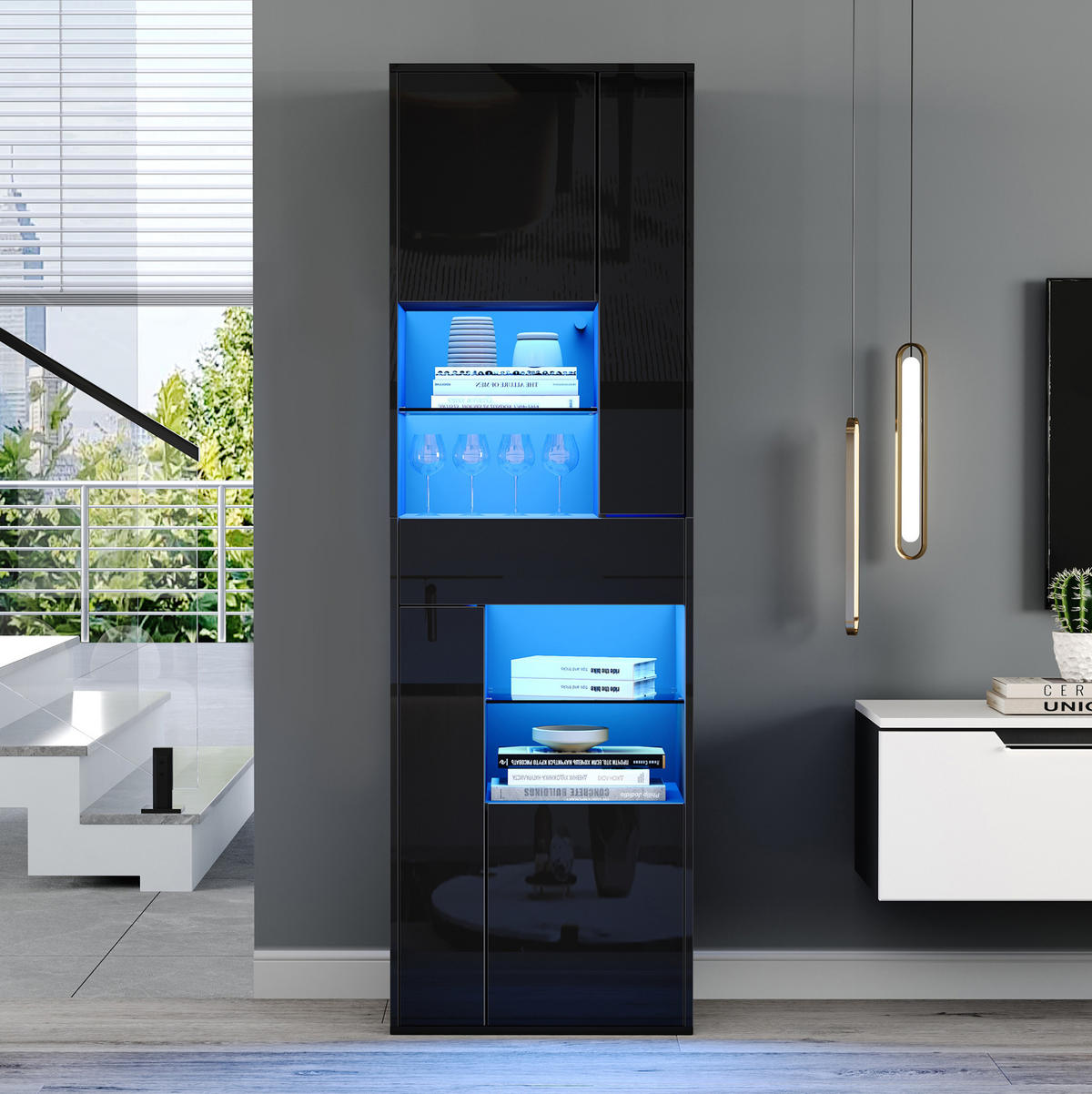 VITRINE 55/38/170 cm Schwarz aus Spanplatte mit LED-Beleuchtung - Schwarz, Holzwerkstoff (38/170/55cm) - OKMYHOME