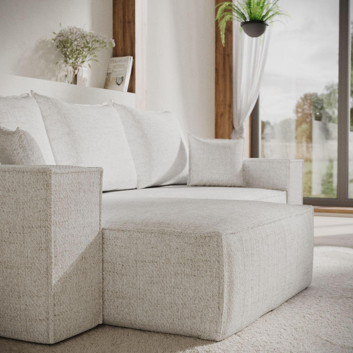 ECKSOFA SENSO mit Schlaffunktion Creme im Neve Stoff - Creme/Schwarz, Holz/Holzwerkstoff (255/148cm) - AltaBeds