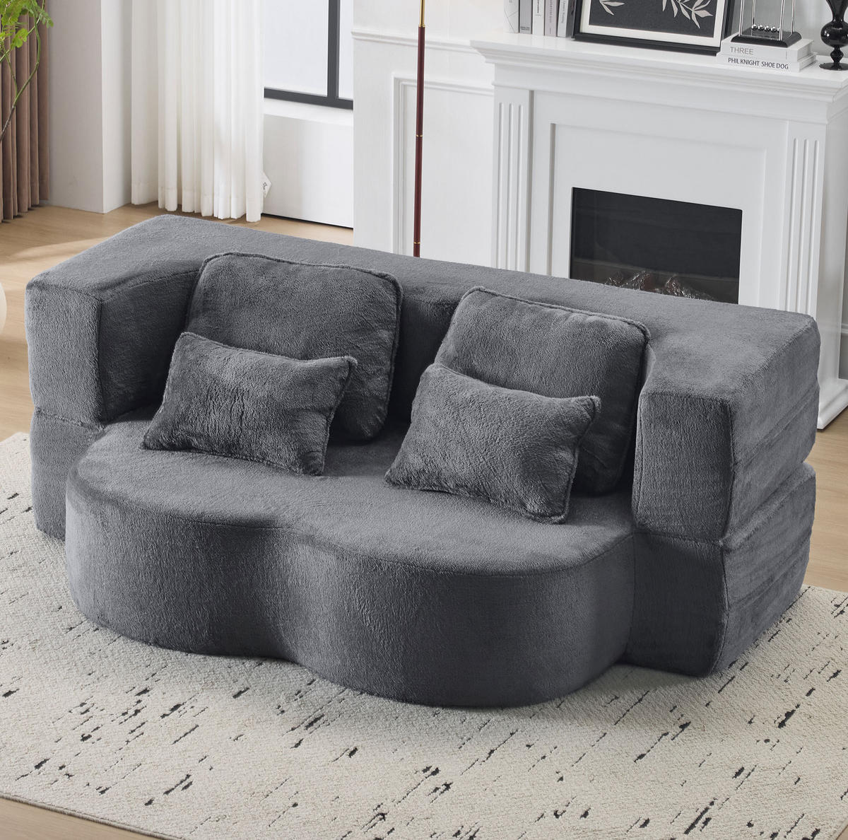 BODENSCHLAFSOFA klappbar mit hochdichtem Schaumstoff, 4 Kissen und 2-in-1-Funktion, Blau/Grau - Grau, Kunststoff (198/76/60cm) - Redom