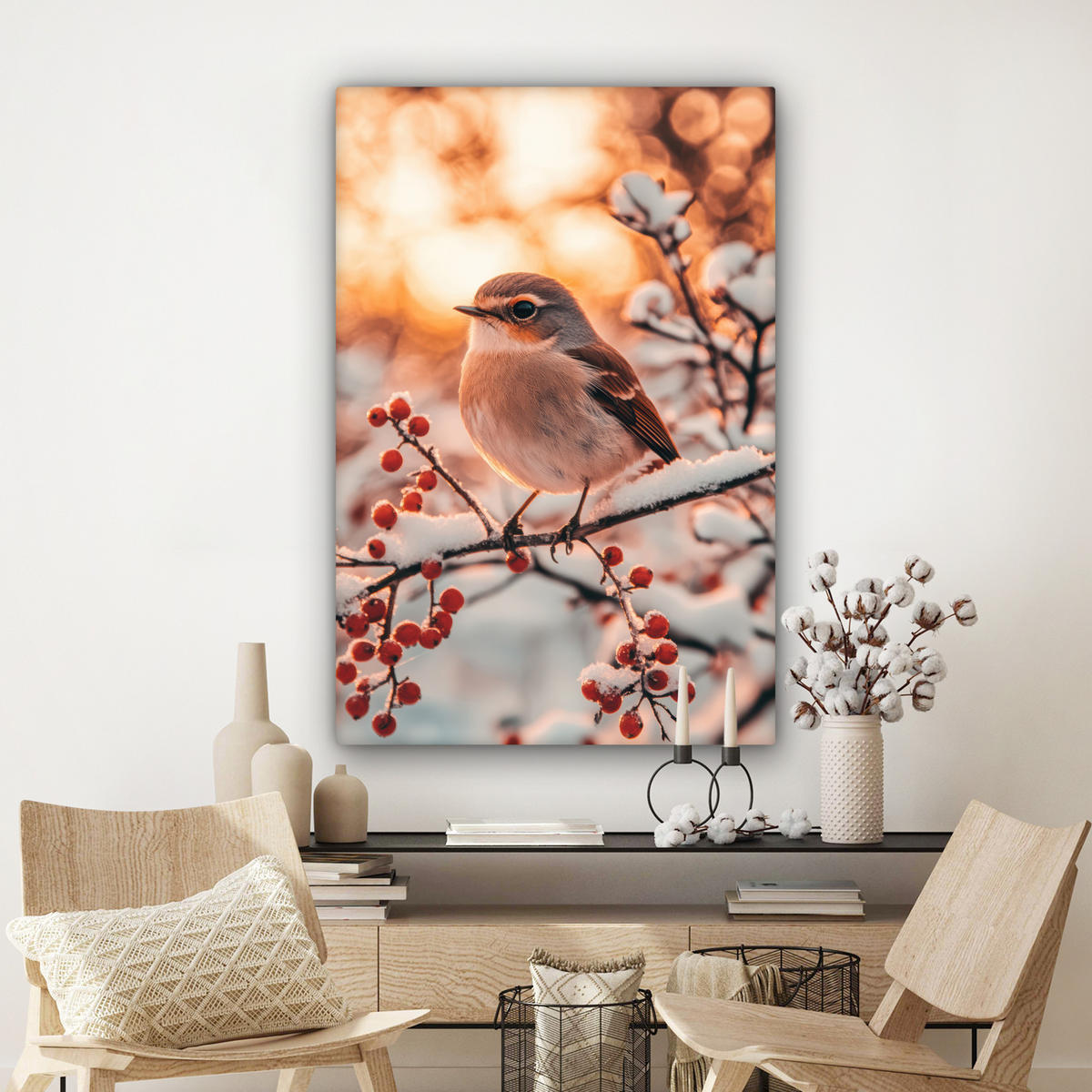 LEINWANDBILD Vogel - Zweig - Winter - Tiere - Schnee Deko XXL 80x120 cm - Bernsteinfarben, Textil (80/120cm) - MuchoWow