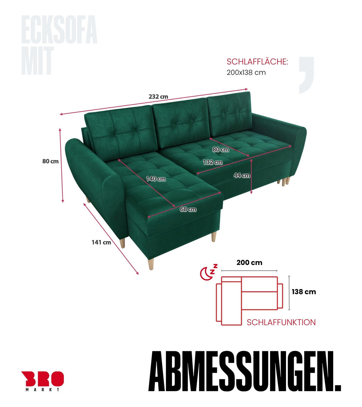 ECKSOFA Henry mit Schlaffunktion Grün Samtstoff - Grün, Textil (232/141cm) - Bromarkt
