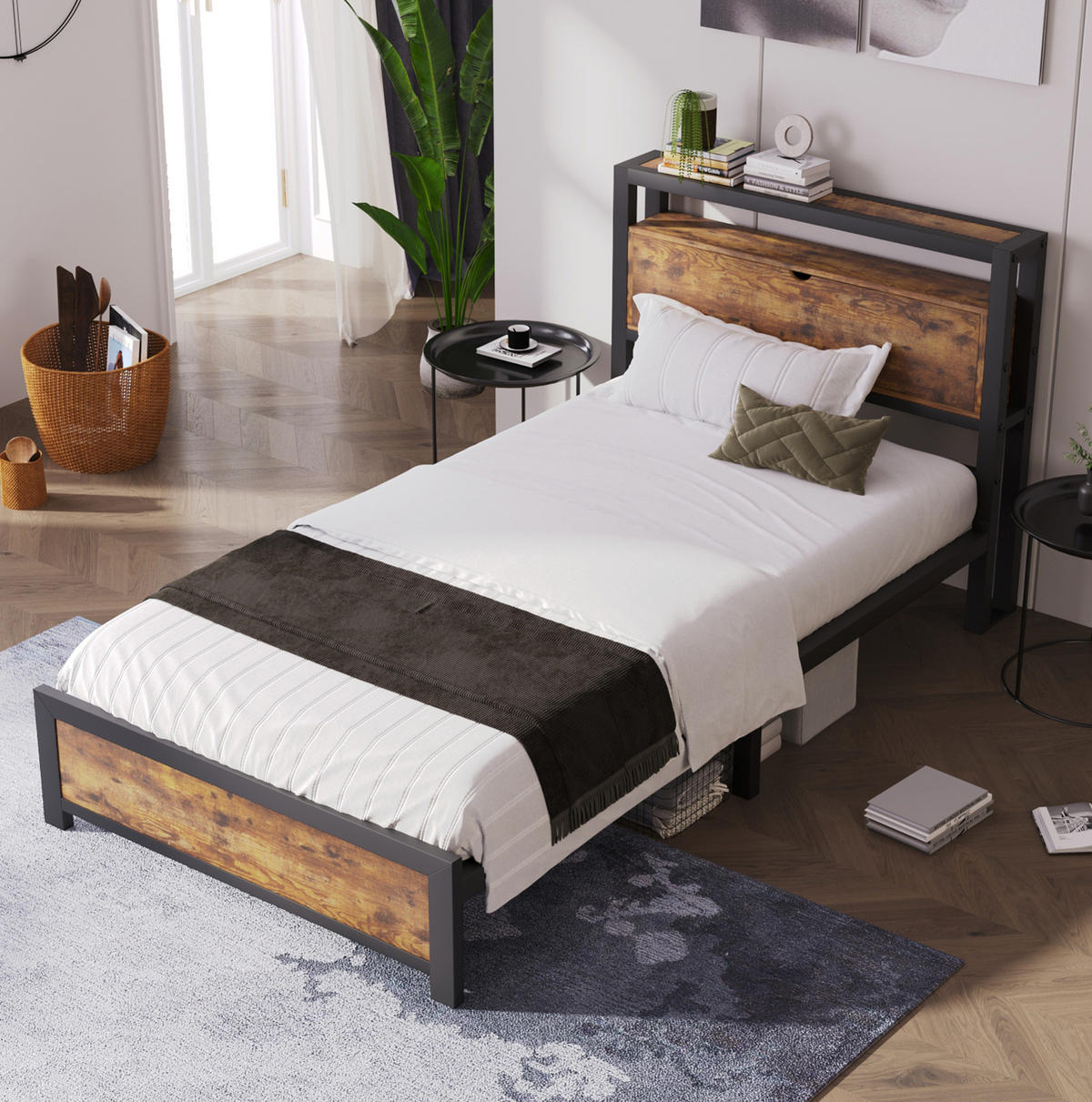 JUGENDBETT 90/200 cm aus Metall und Holzwerkstoff mit Stauraum-Kopfteil Natur/Schwarz - Naturfarben, Metall (90/200cm) - Modenvie