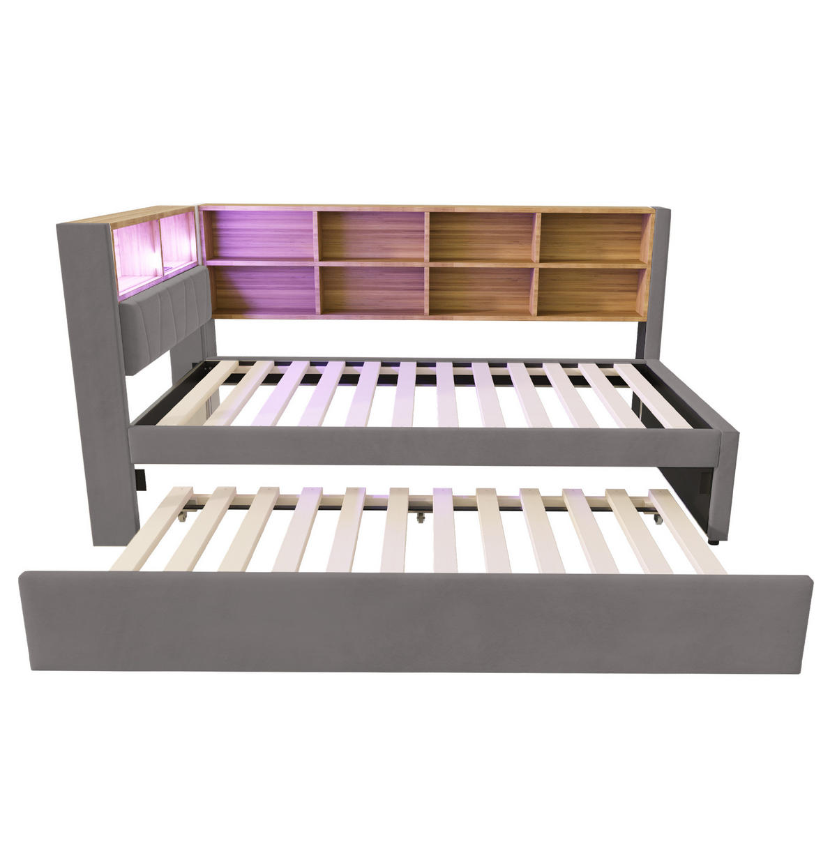 BETT 90/200 cm mit 90/190 cm Ausziehbett, LED, USB-C und Steckdose, Flanell, Dunkelgrau - Dunkelgrau, Textil (90/190cm) - Redom