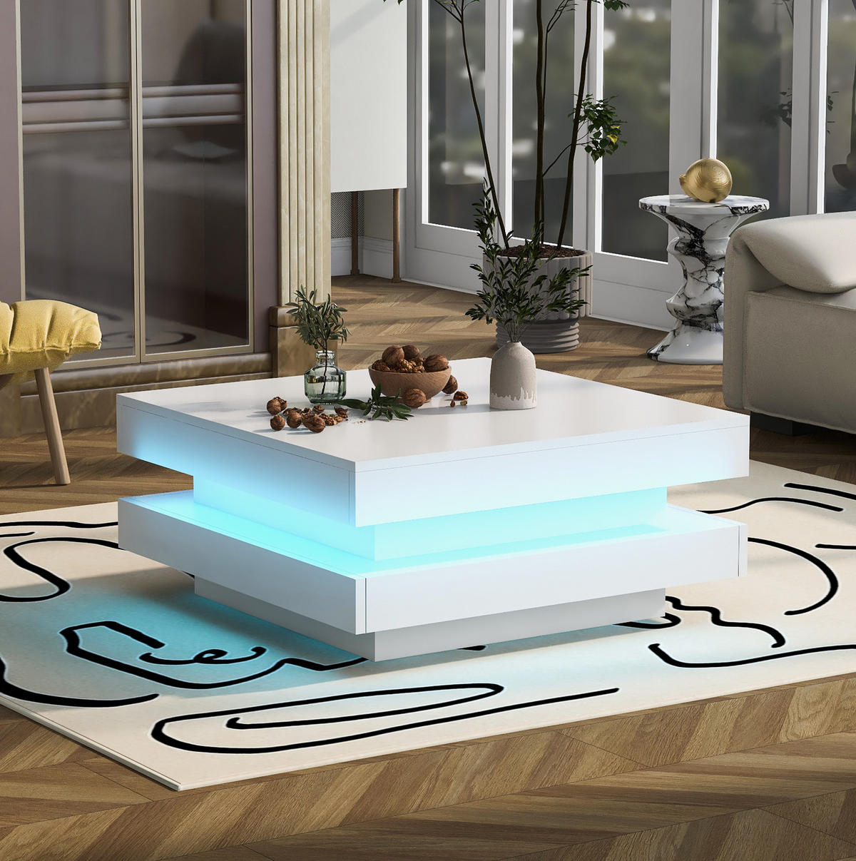 KONFERENČNÍ stolek, 70/70/36 cm bílý, vysoký lesk s otočnou deskou a LED osvětlením - bílá, kompozitní dřevo (70/70/36cm) - BEAOK