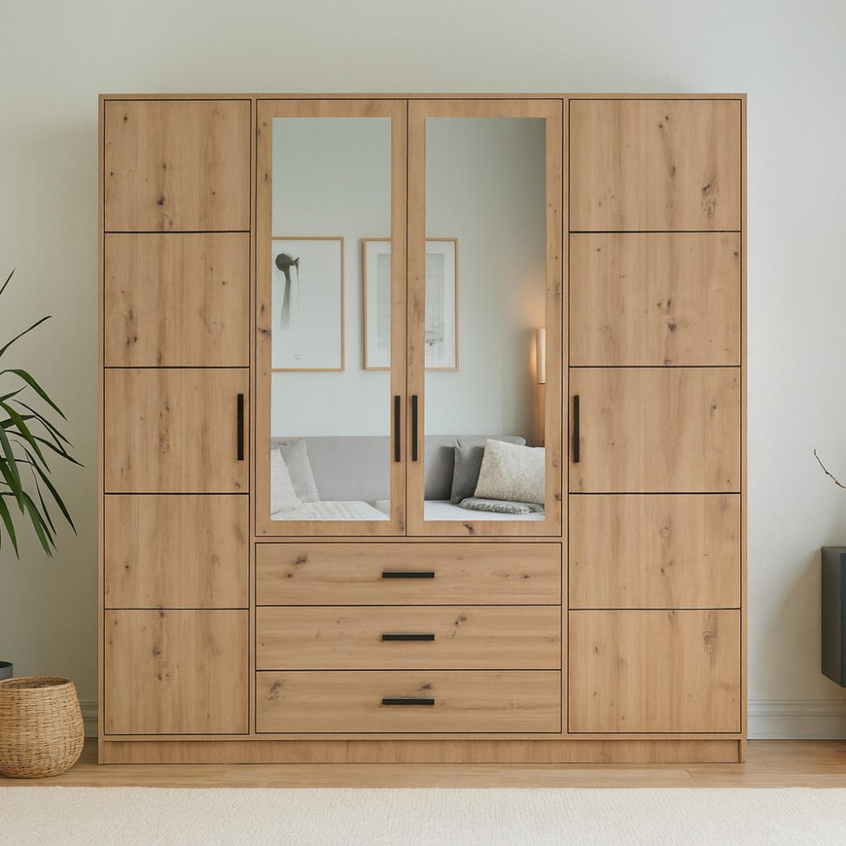 DREHTÜRENSCHRANK Kavo mit Spiegel und 4 Türen, eiche Artisan - Schwarz/Eiche Artisan, Holzwerkstoff (200/200/58cm) - Beautysofa