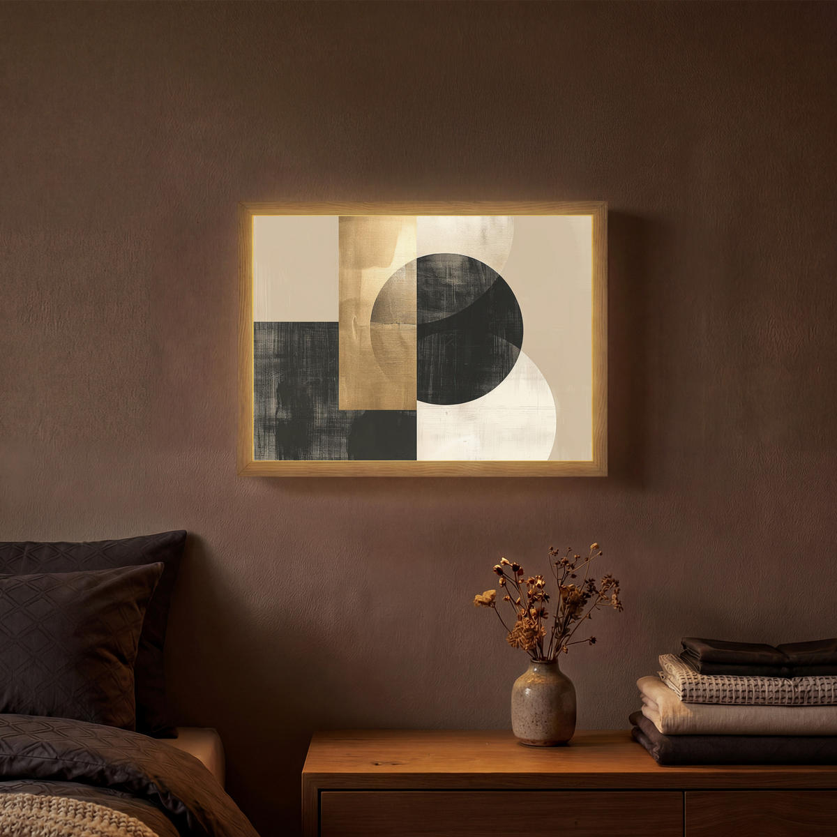 WANDLEUCHTE MIT AKKU Abstrakt - Modern - Schwarz - Gold 40x30 cm - Sandfarben, Holzwerkstoff (40/30/8cm) - OnlyWow