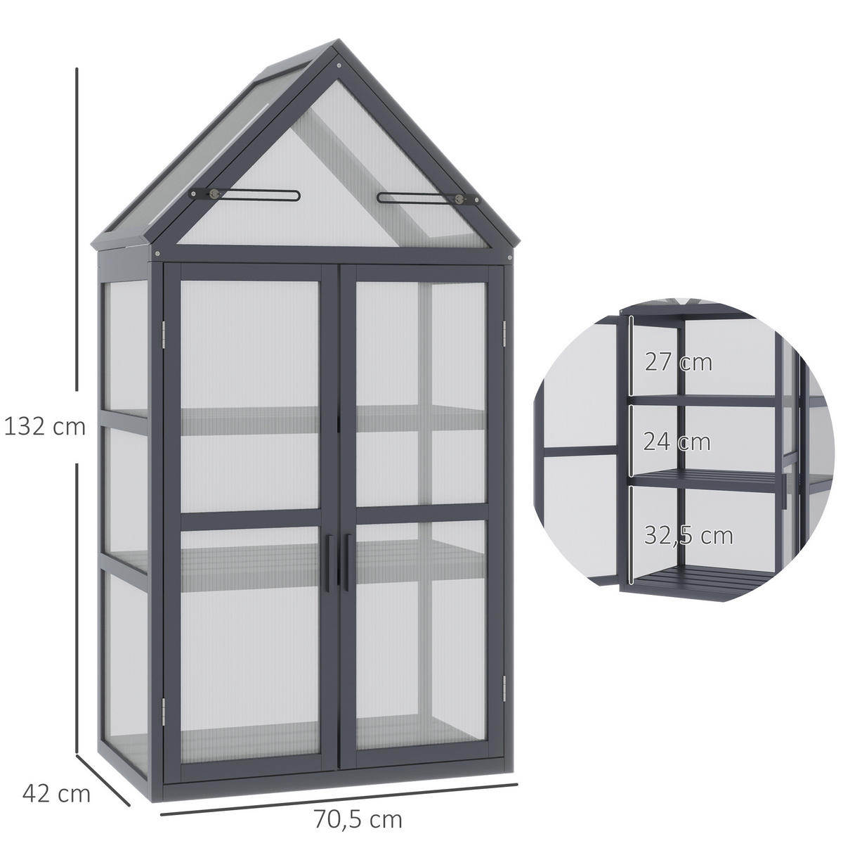 GEWÄCHSHAUS 70.5/132/42 cm Grau aus Holz mit 3 Regalböden - Grau, Holz (42/132/70.5cm) - OKMYHOME