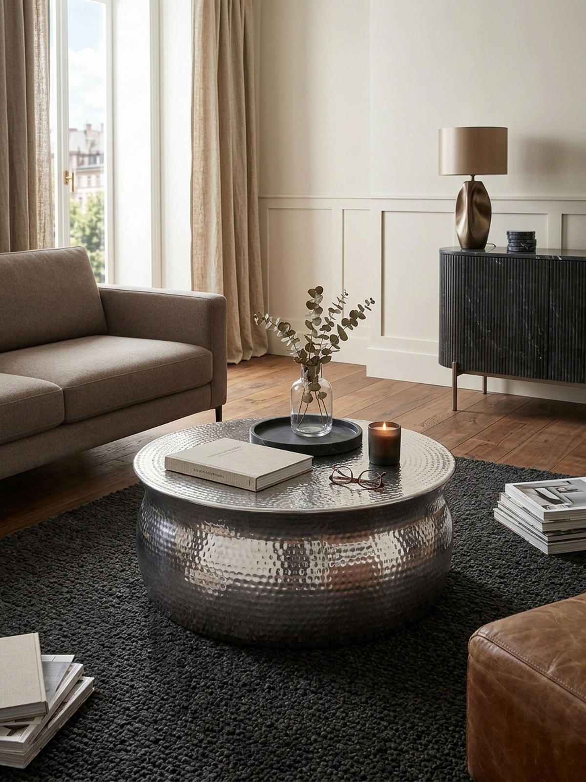 COUCHTISCH Orient Handgefertigt Hammerschlag-Aluminium Großzügige Ablagefläche, Silber 75x75x31 cm - Silberfarben, Metall (75/75/31cm) - KADIMA DESIGN