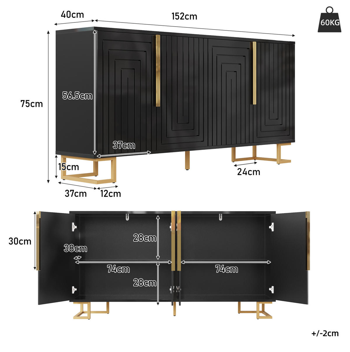 SIDEBOARD 152/40/75 cm mit 2 Türen, 4 Fächern und Kippschutz aus MDF, Schwarz - Schwarz, Holzwerkstoff (152/75/40cm) - Redom