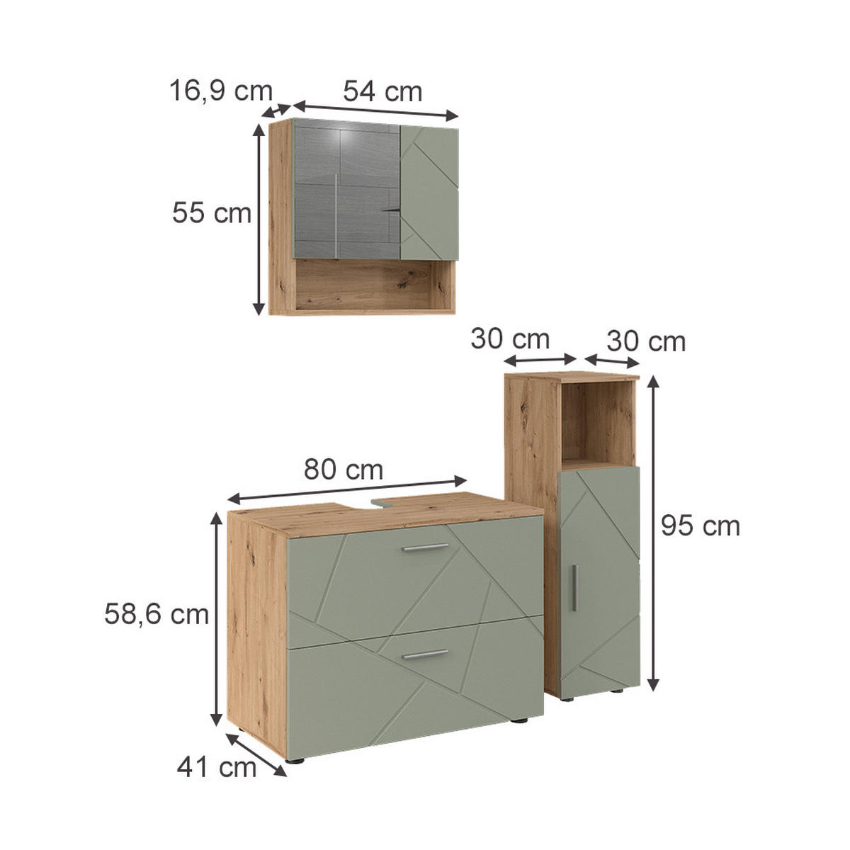 BADMÖBEL-SET Irma Salbeigrün 3 Teile - Salbeigrün, Holzwerkstoff (80/58.6/41cm) - Vicco