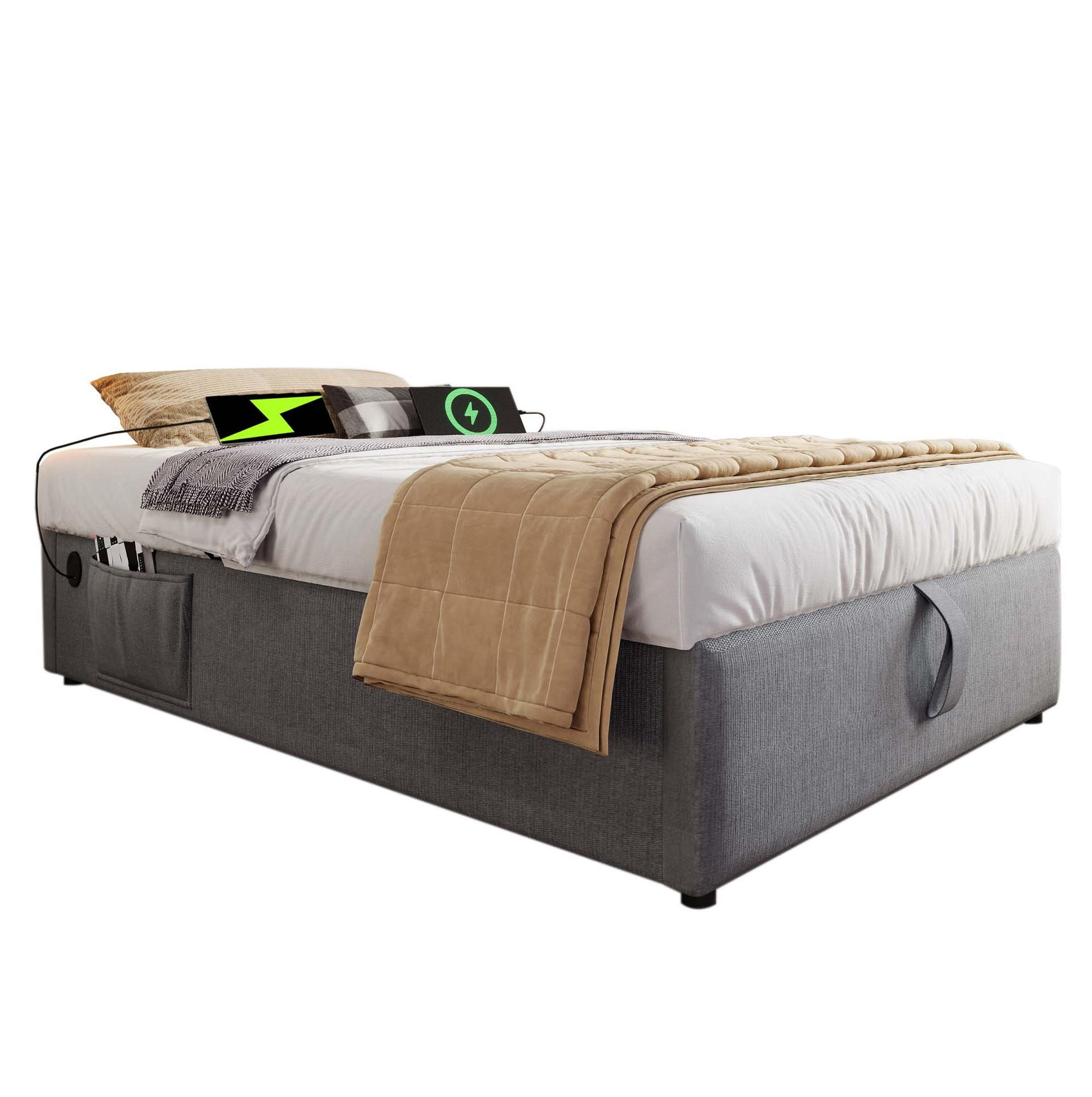 POLNJENA postelja iz bombažnega platna 90x200 cm siva s hidravličnim predalom, USB in Type-C priključkom ter polnim dnom - siva, tekstil (90/200cm) - Modfu