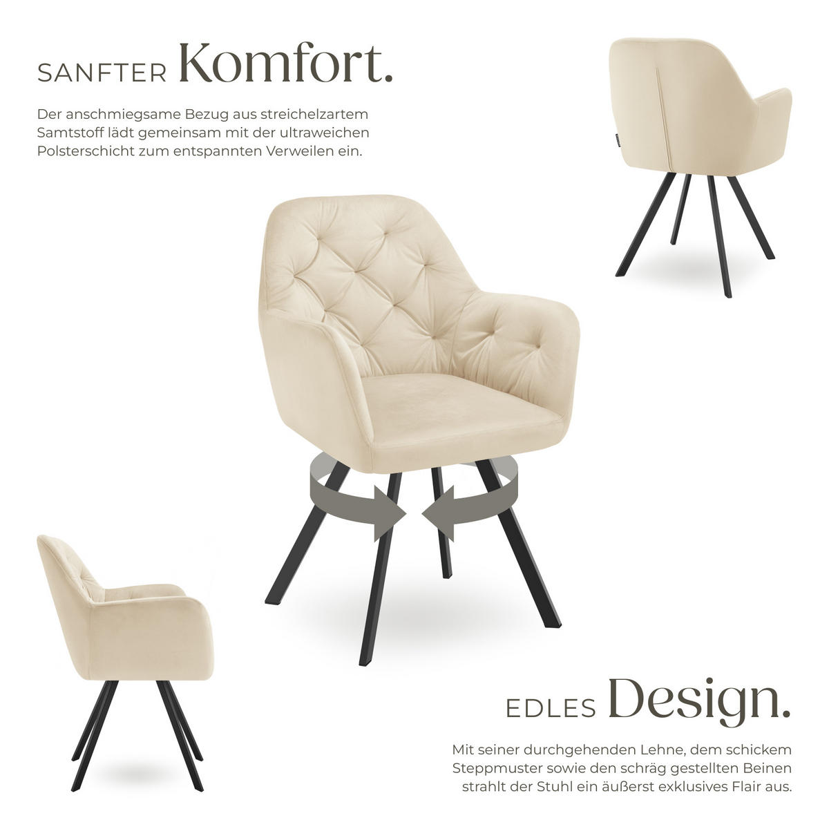 ARMLEHNSTUHL Samt Drehbarer Lucia 58 x 58 x 87 cm creme - Creme, Kunststoff (58/87/58cm) - tectake