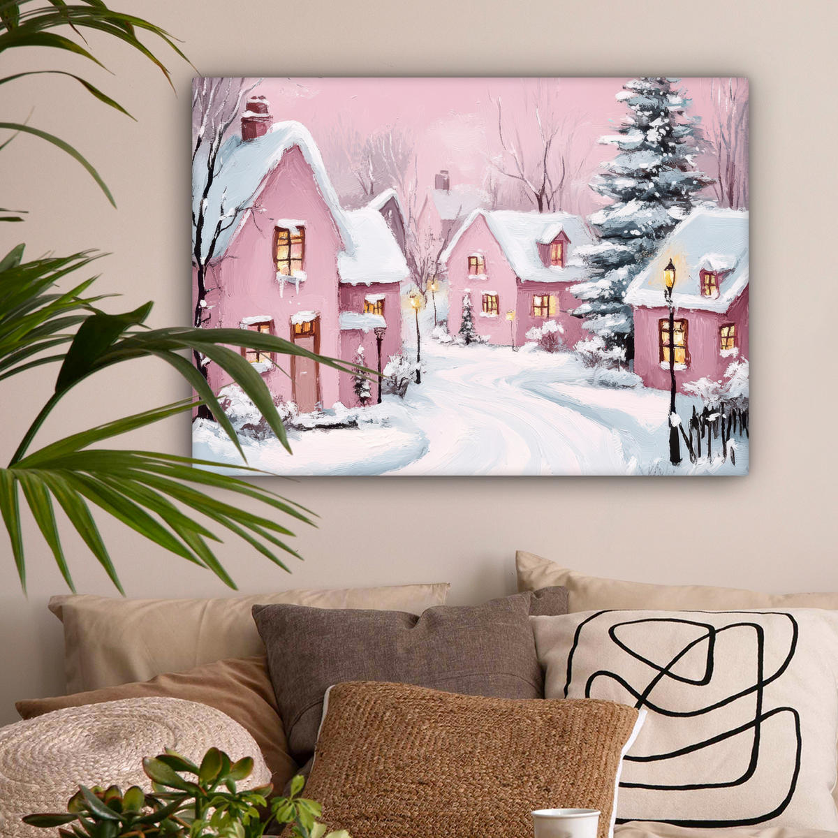 LEINWANDBILD Weihnachtsdorf - Rosa - Winter - Schnee - Häuser Wandbilder 80x60 cm - Altrosa, Textil (80/60cm) - MuchoWow