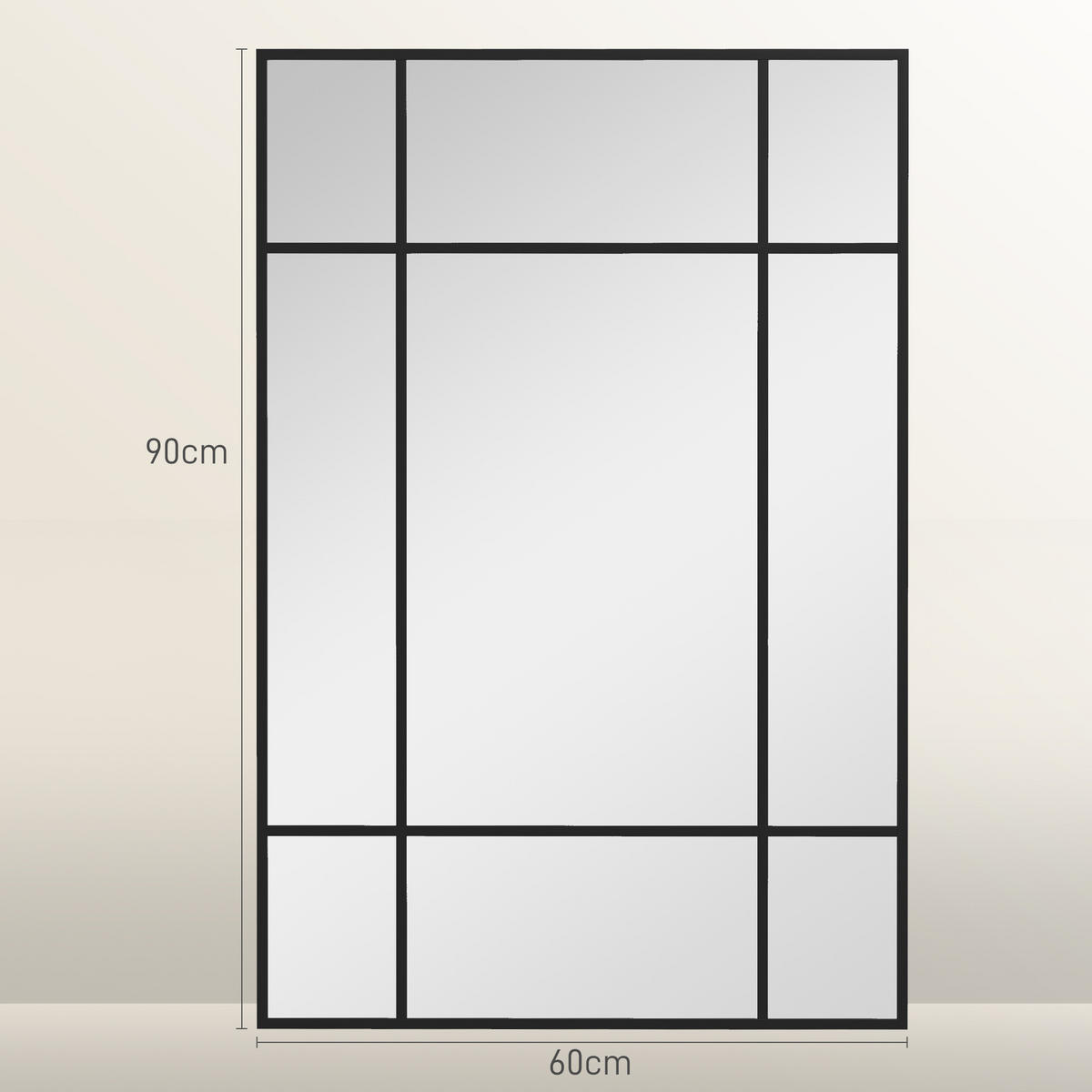 WANDSPIEGEL DE-14347 Fensterstil mit 4 Haken Schwarz - Schwarz, Glas (90/60/2cm) - ComfortXL