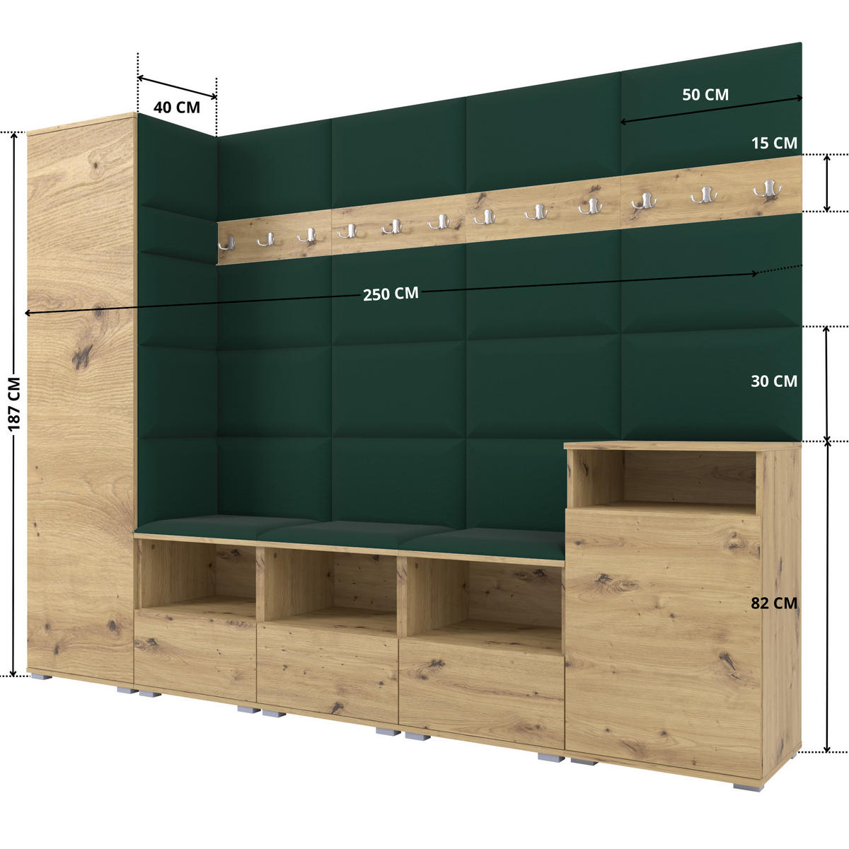 GARDEROBE NELA XI 250 cm (Modulare Flurmöbel Artisan Eiche mit Sitzpolster Flaschengrün 28 Großes Set) - Dunkelgrün/Silberfarben, Holz/Holzwerkstoff (250/187/40cm) - Ravio