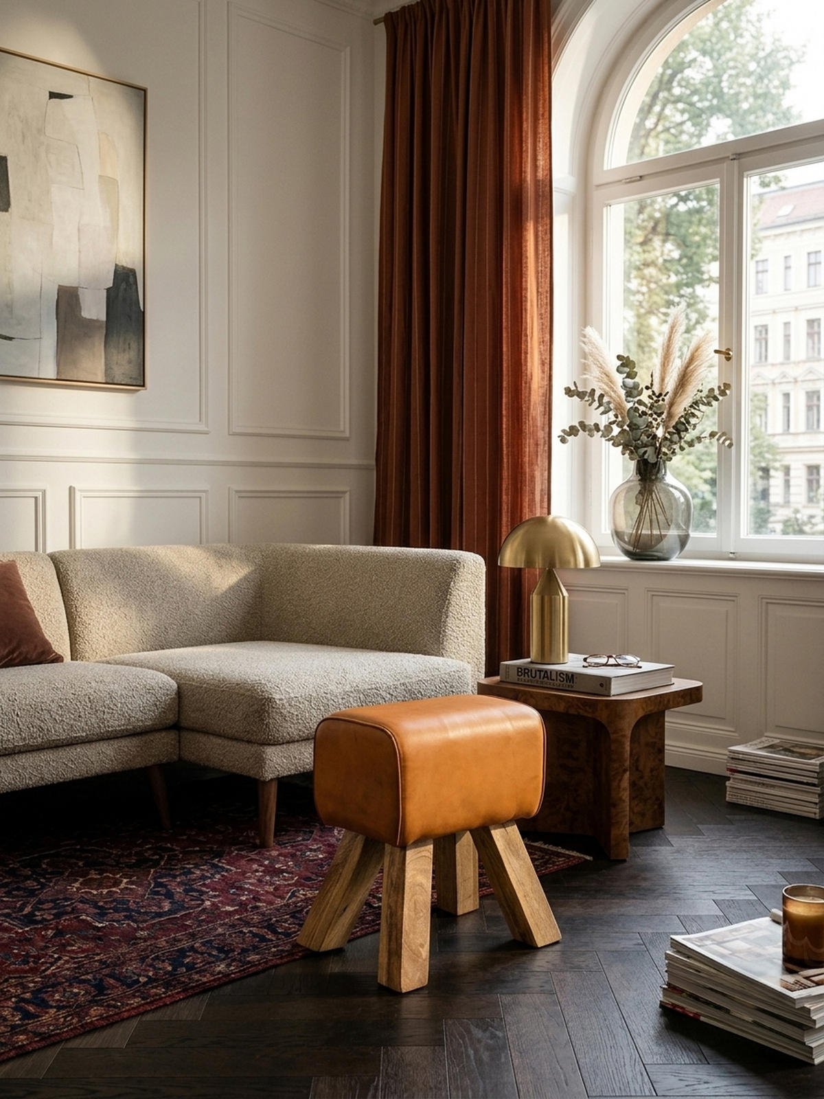 SITZHOCKER Retro Landhaus Holzbeine, Braun 40x30x47 cm - Braun, Mangoholz/Leder (40/47/30cm) - KADIMA DESIGN