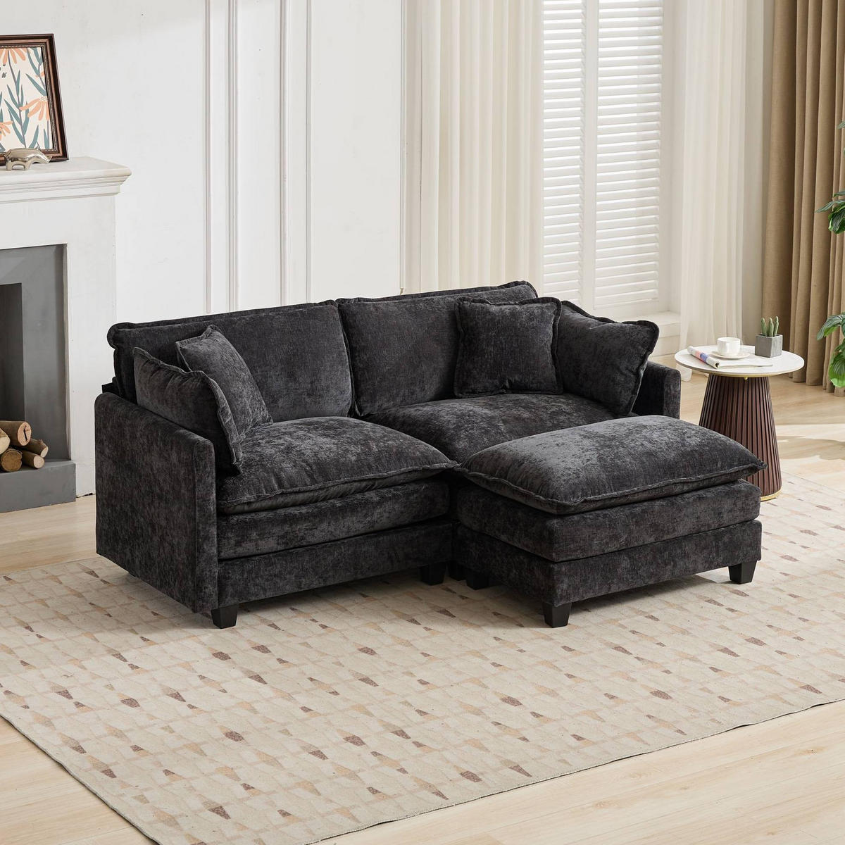 MODULSOFA flexibel kombinierbar Chenille Black - Schwarz, Holz (75/84/195cm) - Meubliv