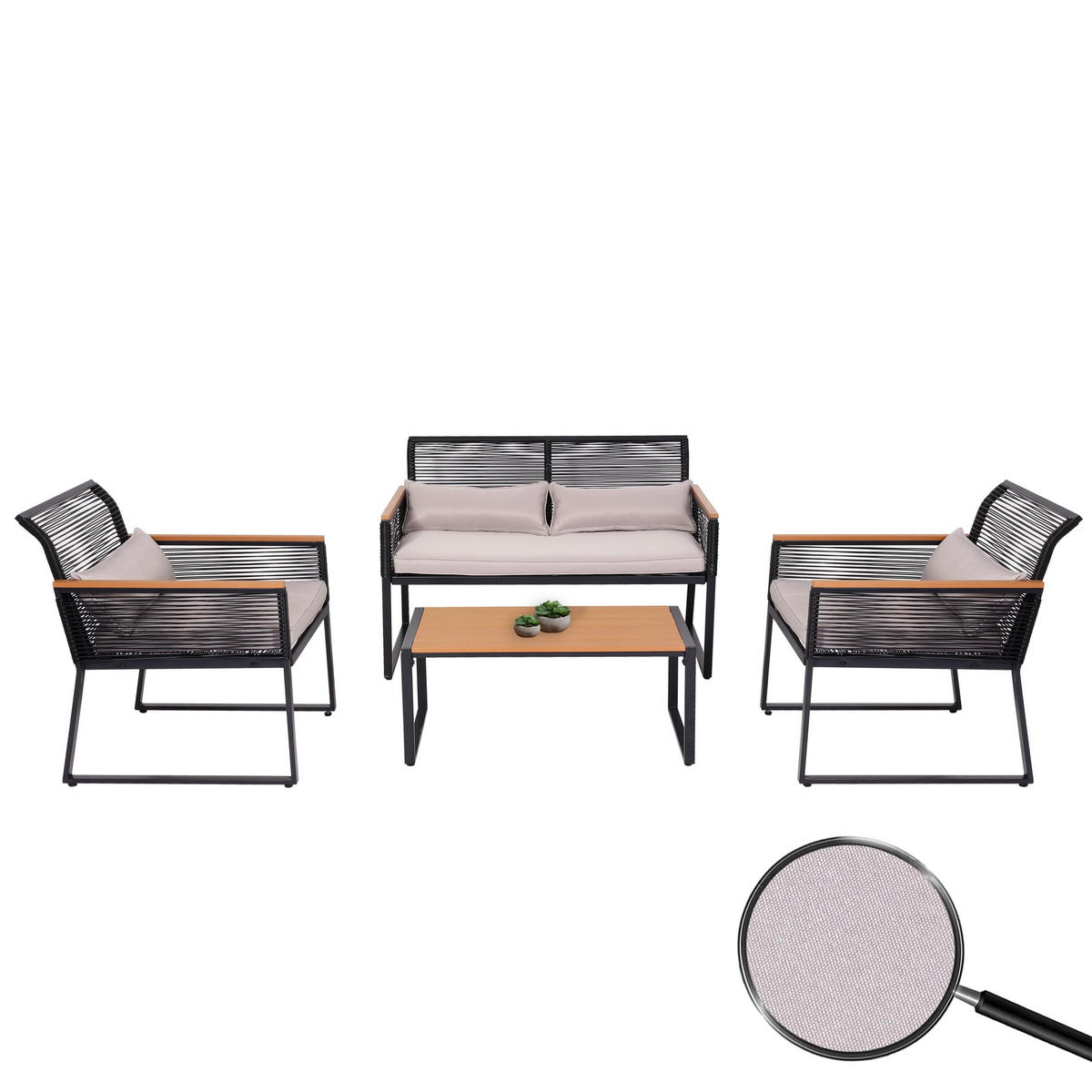 GARTENLOUNGE Holzoptik Polster Hellgrau - Braun, Metall - PROREGAL