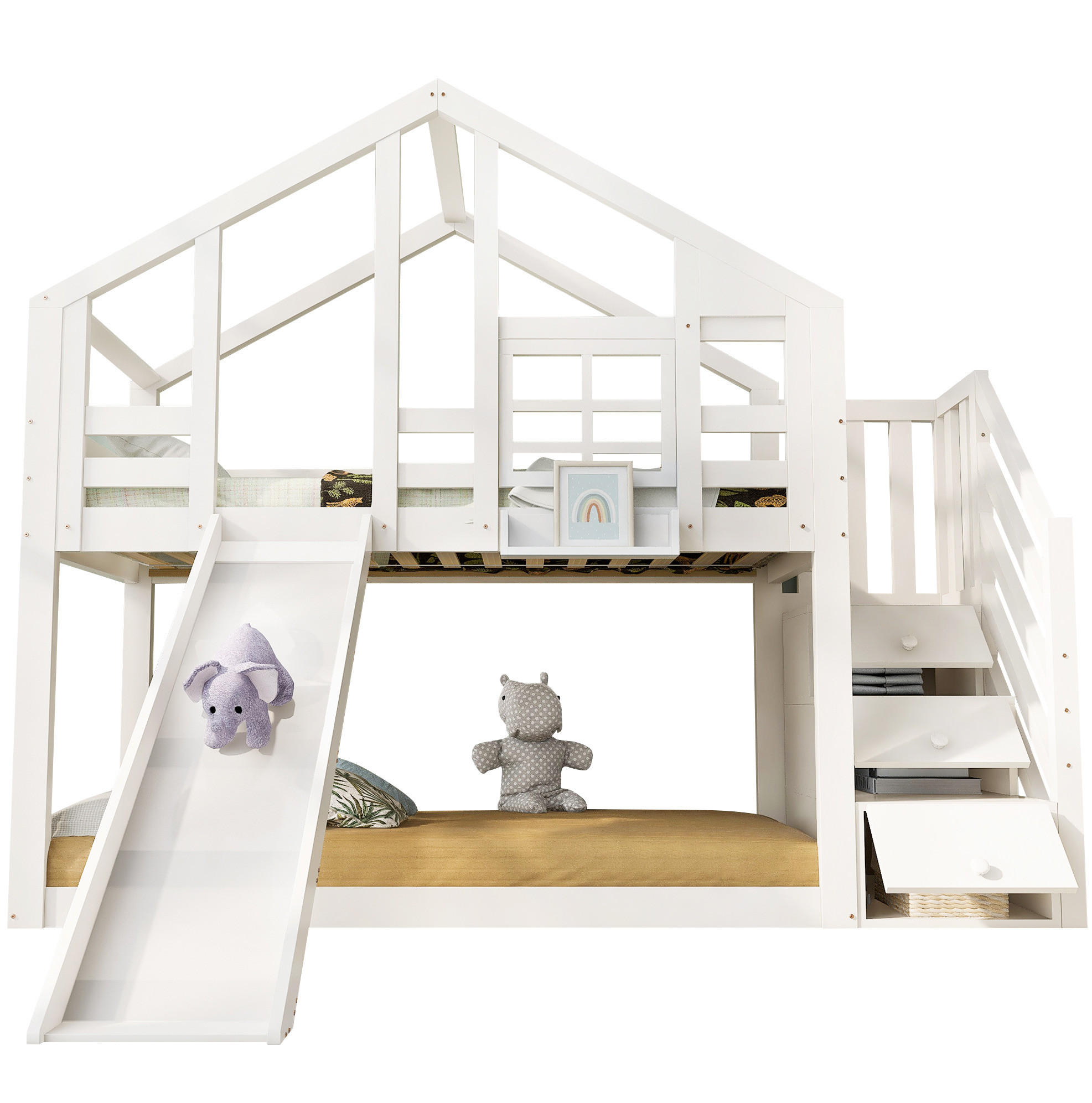 ETAGENBETT Baumhaus 90/200 cm Weiß mit Rutsche und Stauräumen - Weiß, Holzwerkstoff (90/200cm) - OKWISH