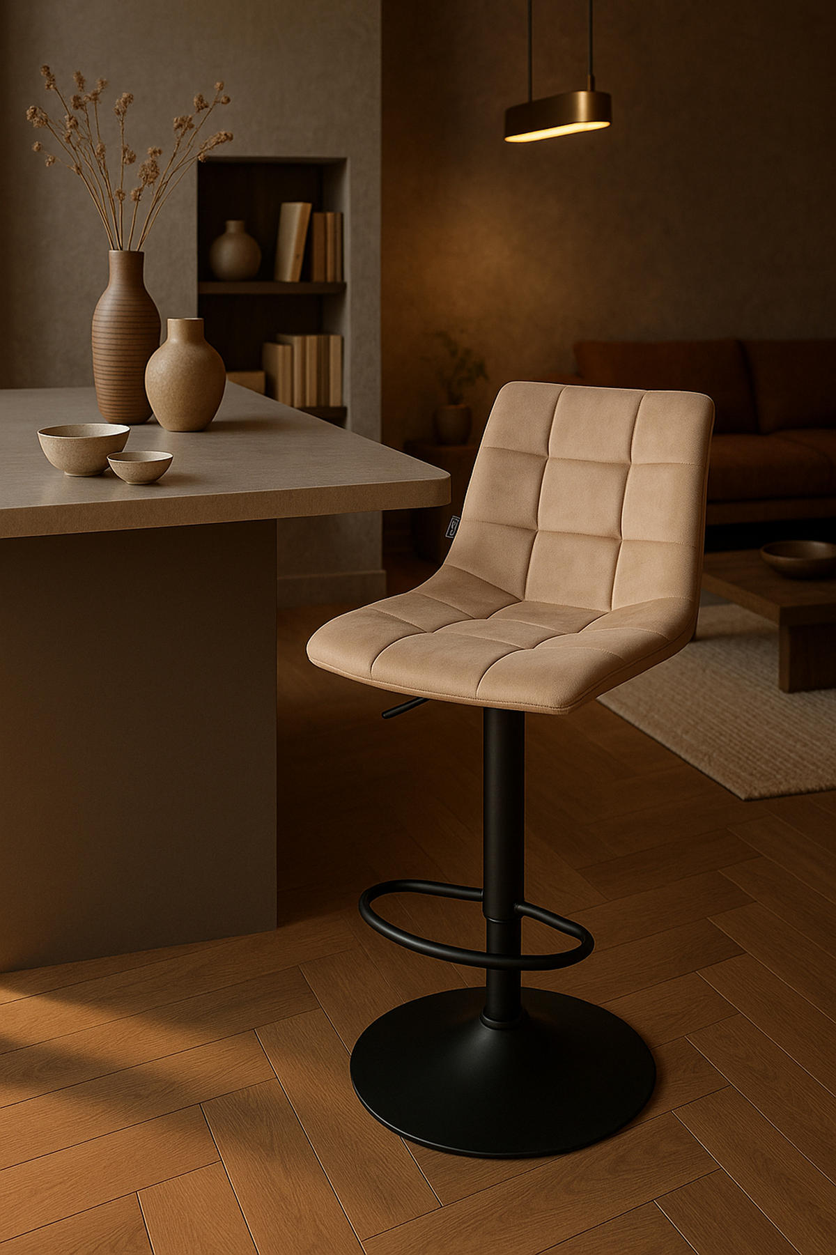 BARHOCKER James Samt schwarz beige - Beige/Schwarz, Textil/Metall (43/108.5/46.5cm) - TPFLiving