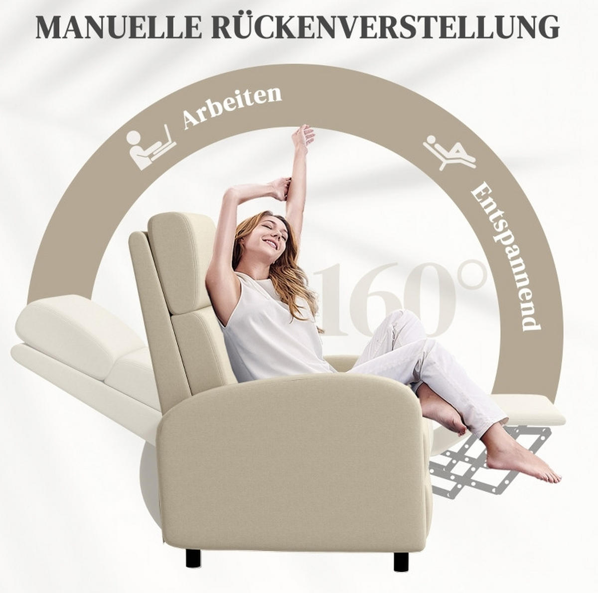 SESSEL 64/86/102 cm in Cremeweiß mit Liegefunktion - Creme, Textil (64/102/86cm) - Flora Grace