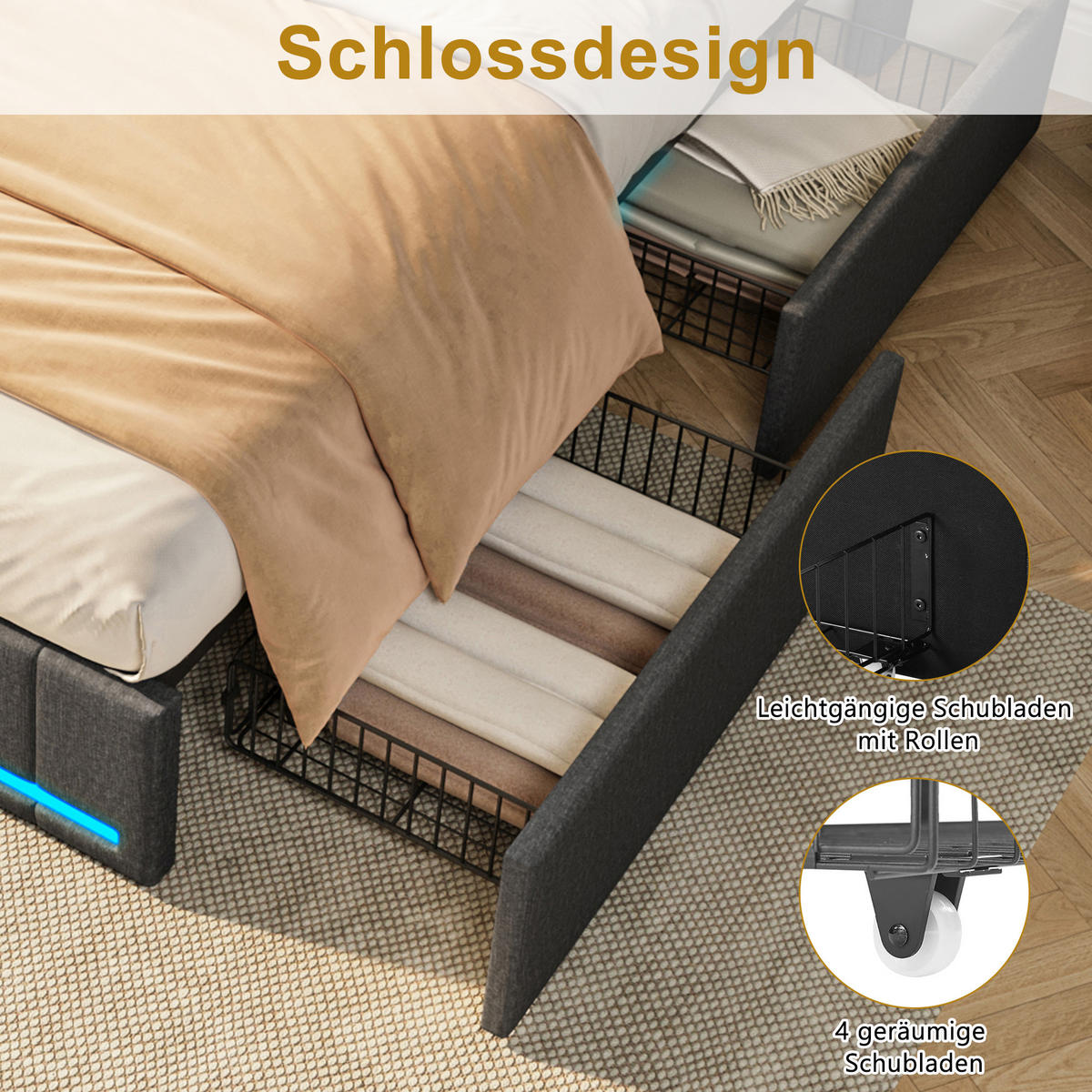 POLSTERBETT，BETT 160/200 cm Dunkelgrau,Mit 4 Schubladen, LED und Ladefunktion - Naturfarben/Grau, Holz/Textil (160/200cm) - FURNISHINGS HOME