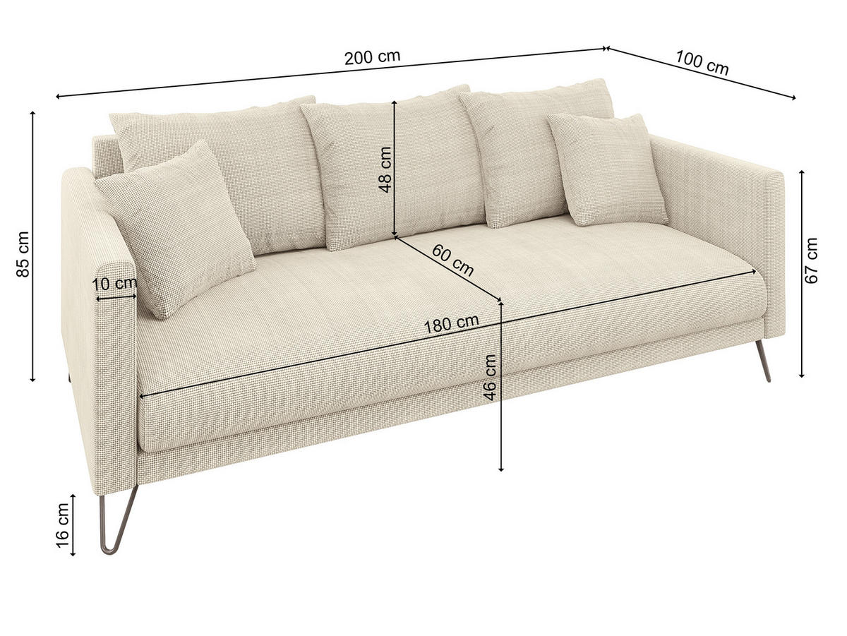 SITZGARNITUR 3+2+1 Harmony Beige Chenille - Beige/Schwarz, Holz/Textil (200/85/100cm) - S-Style Möbel