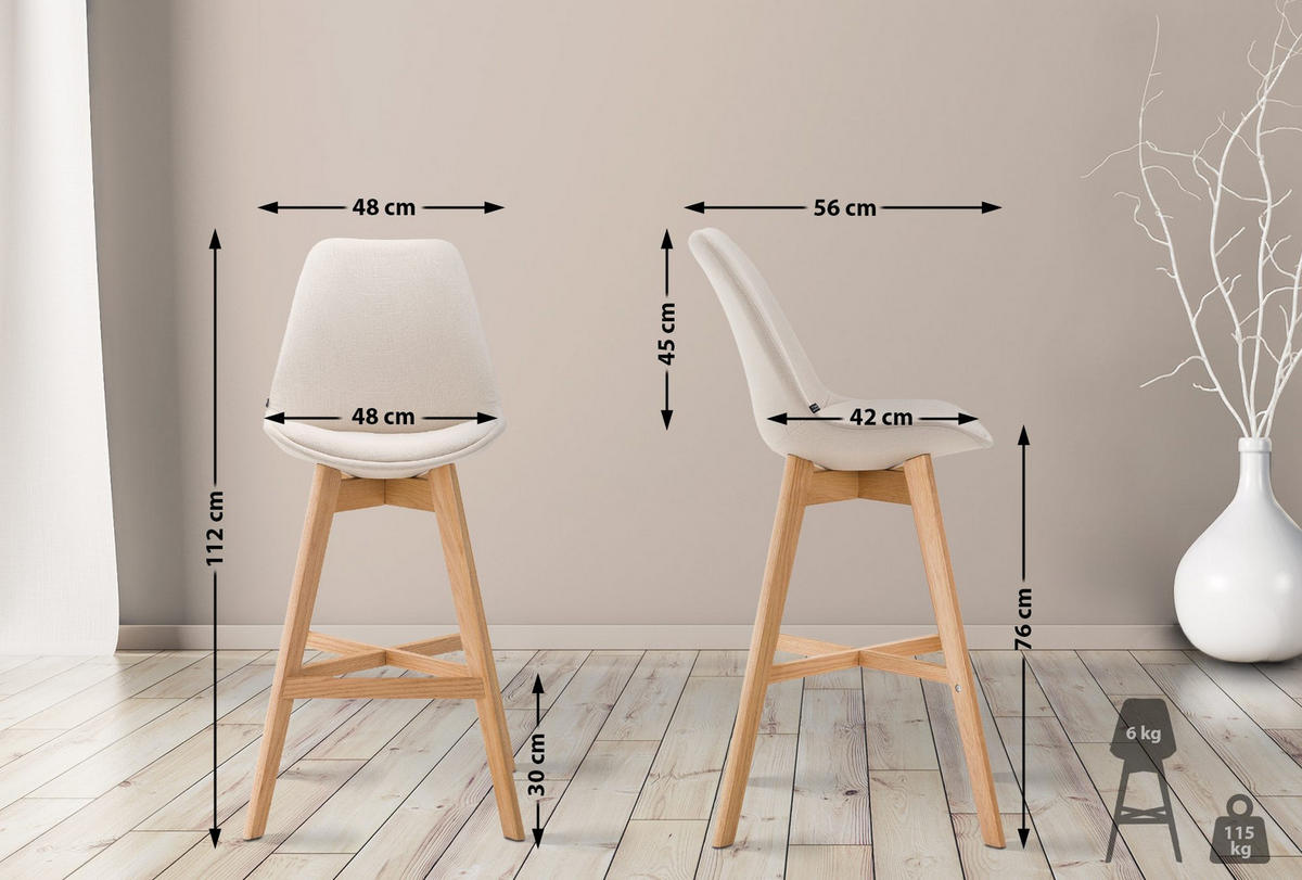 BARHOCKER 2er Set Stoff creme - Eukalyptusholzfarben/Creme, Holz/Textil (48/112/56cm) - CLP
